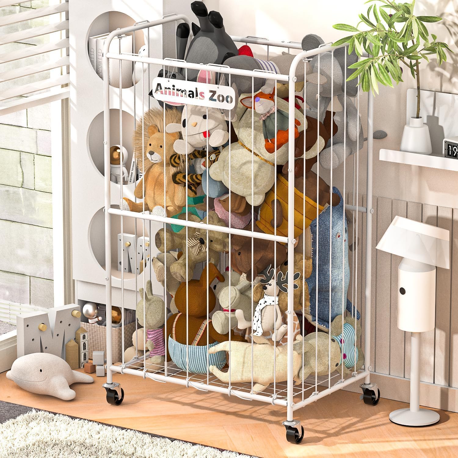 Stuffed animal storage organizer with wheels metal frame design