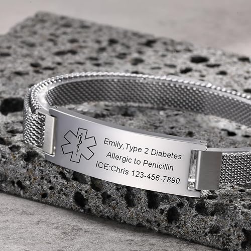 Miniatura 7 de VNOX Pulsera de identificación de alerta médica para hombres, mujeres y niños, pulsera magnética grabada de acero inoxidable, pulsera de emergencia,