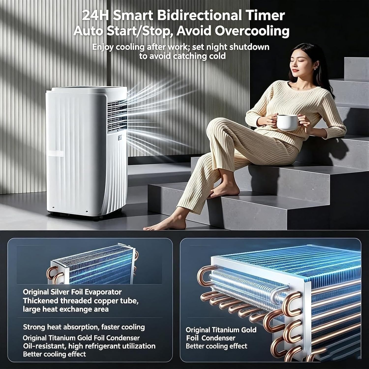 Aire Acondicionado Portátil 12000 BTU 18000 BTU Sin Unidad Exterior, Enfriador de Pie con Ruedas, Ventilador Silencioso y Mando a Distancia para Oficina Hogar, 18000btu