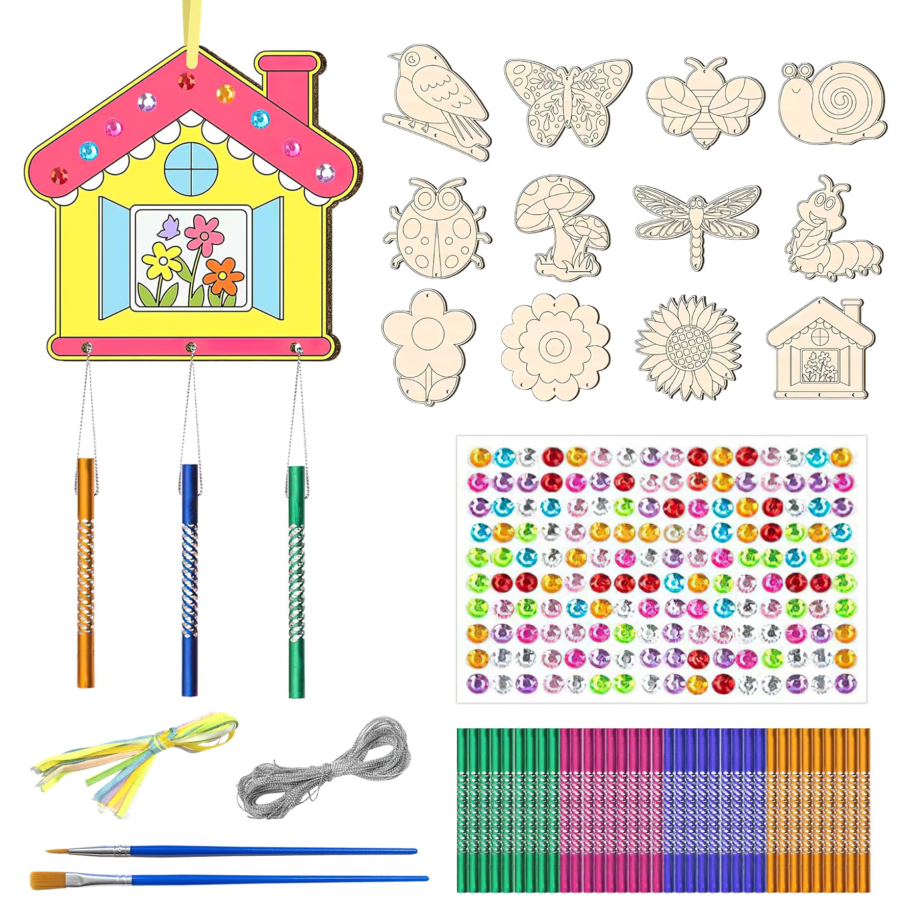 OPUHOHR12 Pack Wind Chime Kit for Kids, Wooden Butterfly Flower Arts and Crafts with Rhinestone Flower Stickers Brushes, Boy Girl Gift Christmas