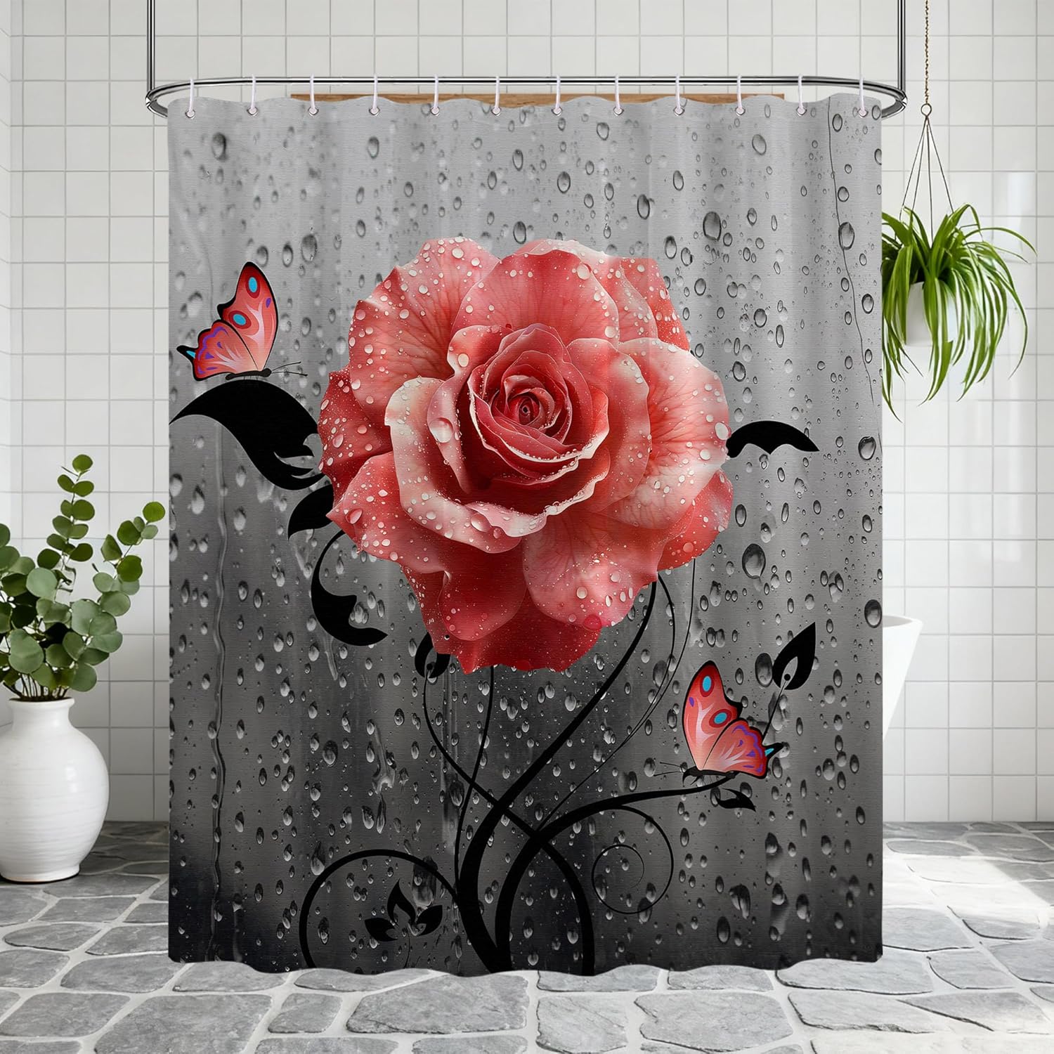 Coral Floral Shower Curtain Light Red Rose Black and Grey Peach Shower Curtains for Butterfly Bathroom Decor Sets, Waterproof Cloth Fabric with Hooks, 70x78 Inch