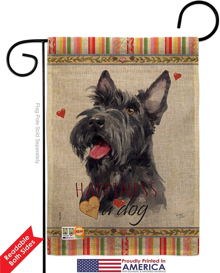 Scottish Terrier Happiness Burlap Garden Flag Set Wall Holder Animals Puppy Spoiled Paw Canine Fur Pet Nature Farm Animal Creature Small Gift Yard House Banner Double-Sided Made In USA 13 X 18.5