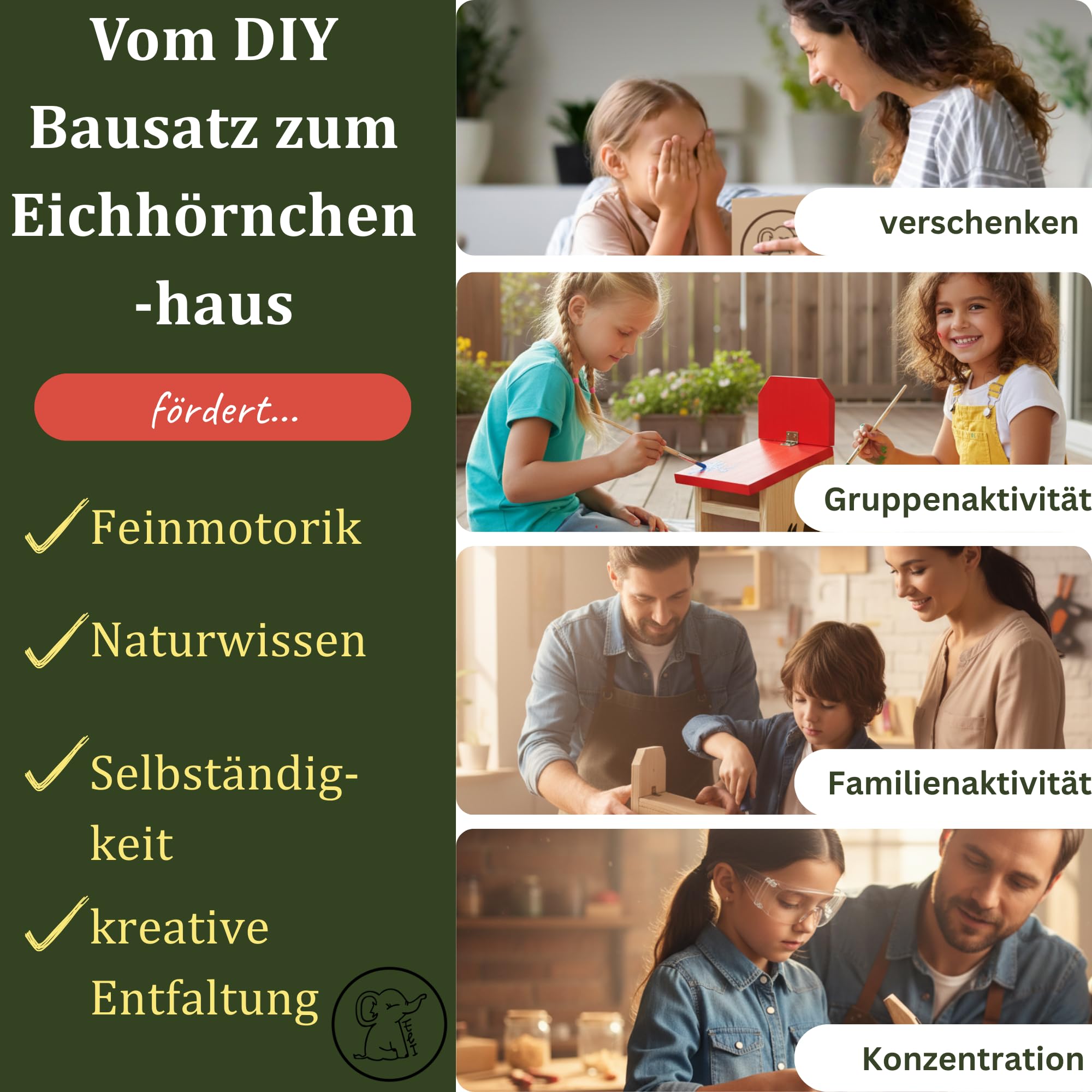 Eli® Eichhörnchen + Vogel Futterhaus Bausatz für Kinder aus Kiefernholz DIY | zum Bemalen – inkl. 6 Farben - Pinsel - Hammer - Schraubendreher - Schablonen & Vorlagen - Geschenk Junge - Mädchen - Holz