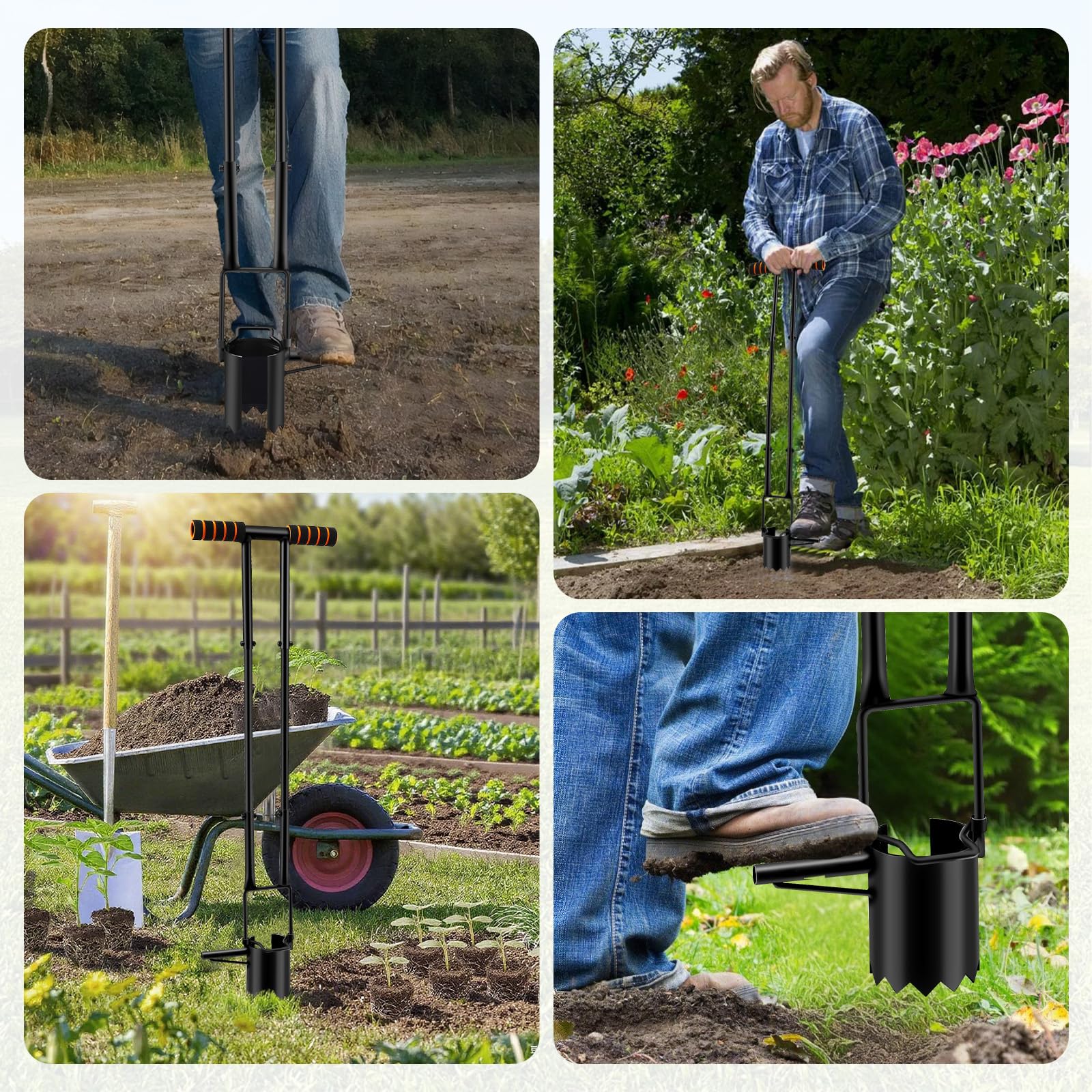 5 en 1 Griffe de Jardin avec Manche avec repose-pieds coulissant pour pousser facilement le sol, transplanter des fleurs,échantillonner de terre, transplanter, plantes à fleurs