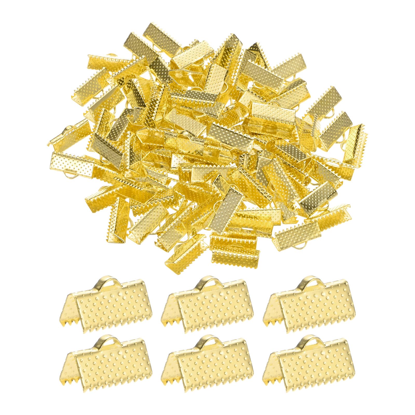M METERXITY 280-Pack Ribbon Ends with Clamps, 0.6in/16mm Metal Bracelet Bookmark Pinch Crimp Clamp Polka Dots for Jewelry Making/Bracelets/Necklaces/DIY, Pinch Cord End Clasps [Gold Tone]