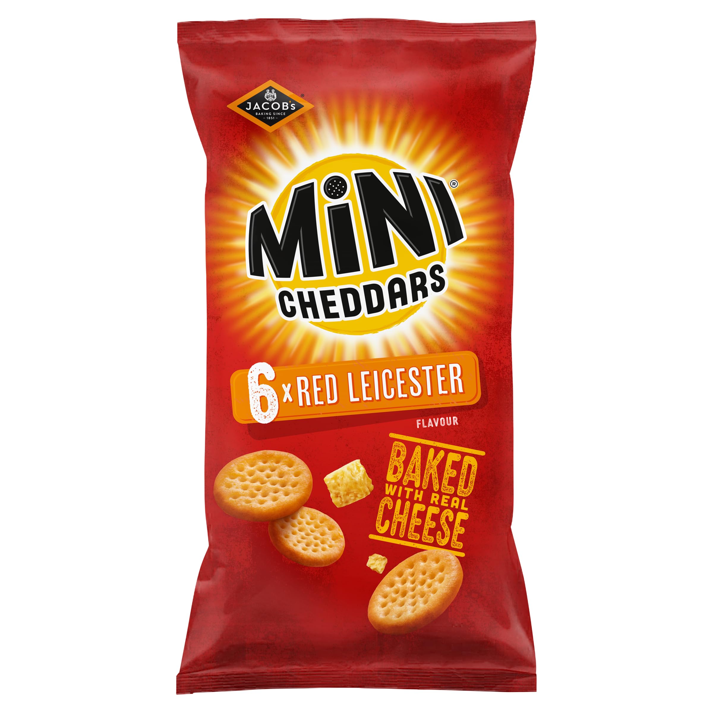 JACOB'S Mini Cheddars Red Leicester Flavour Multipack Crisps, Baked with Real Cheese, 6 x 23 g Bags per Pack (Pack of 1)