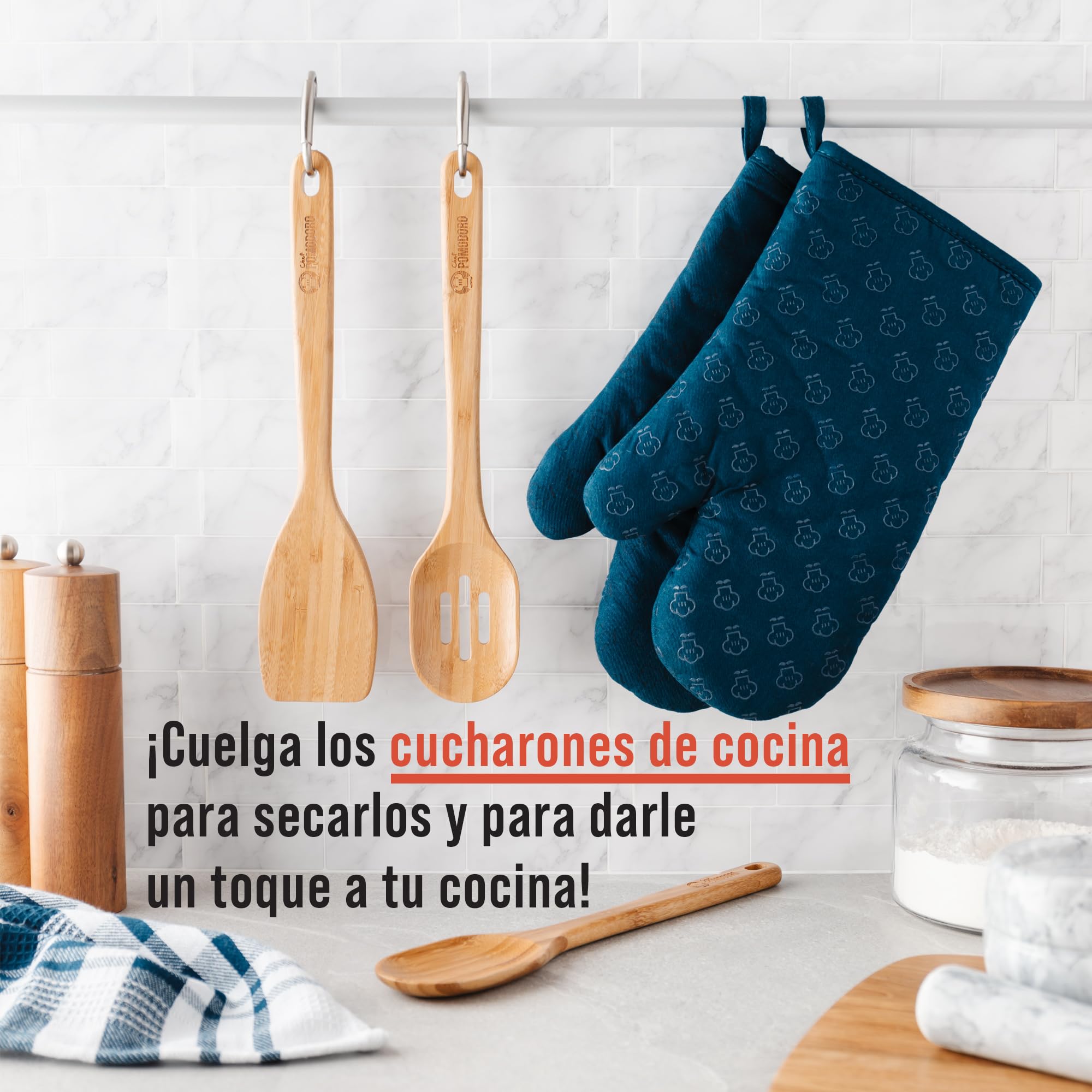 Chef Pomodoro Utensilios de Cocina Madera | Set de 3 Piezas Utensilios Cocina Bambú | Paleta Cocina Grande 31 cm, Cuchara Madera y Cuchara con Orificios | Set Menaje de Cocina