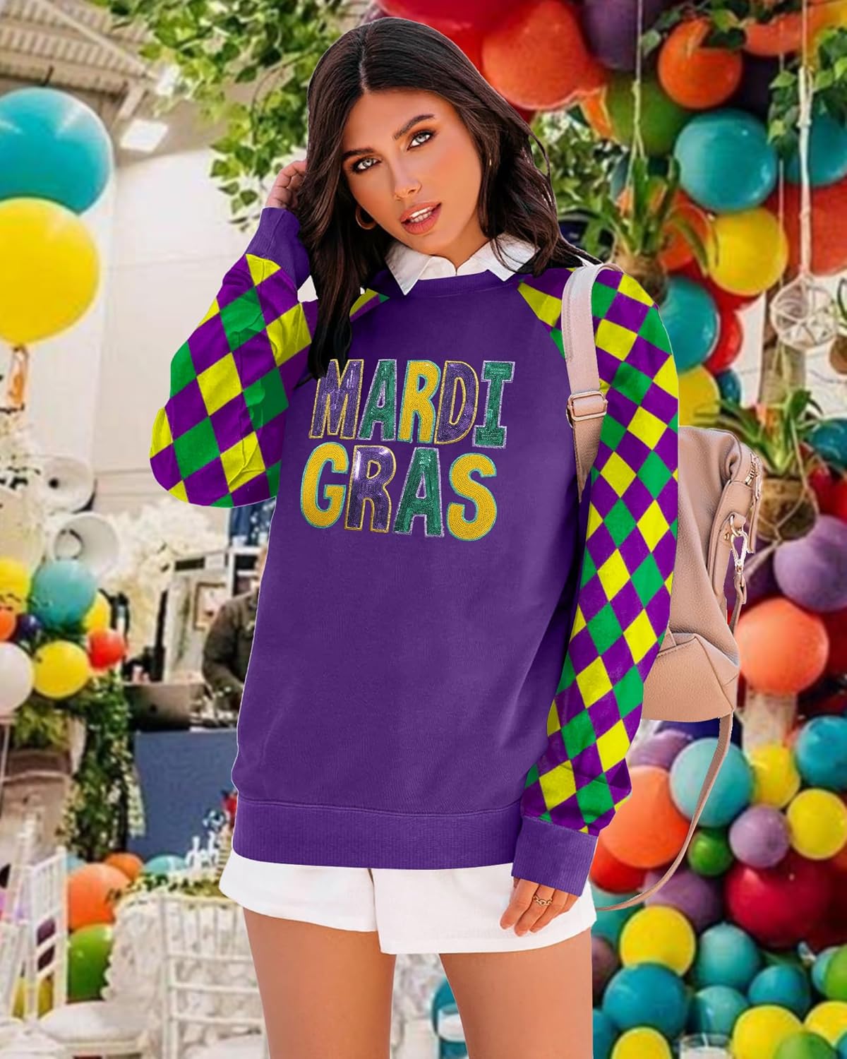 Mardi Sweatshirt Women: Mardi Raglan Long Sleeve Shirt Fat Tuesday Sequin Sweatshirt Carnival Pullover Tops - Image 2