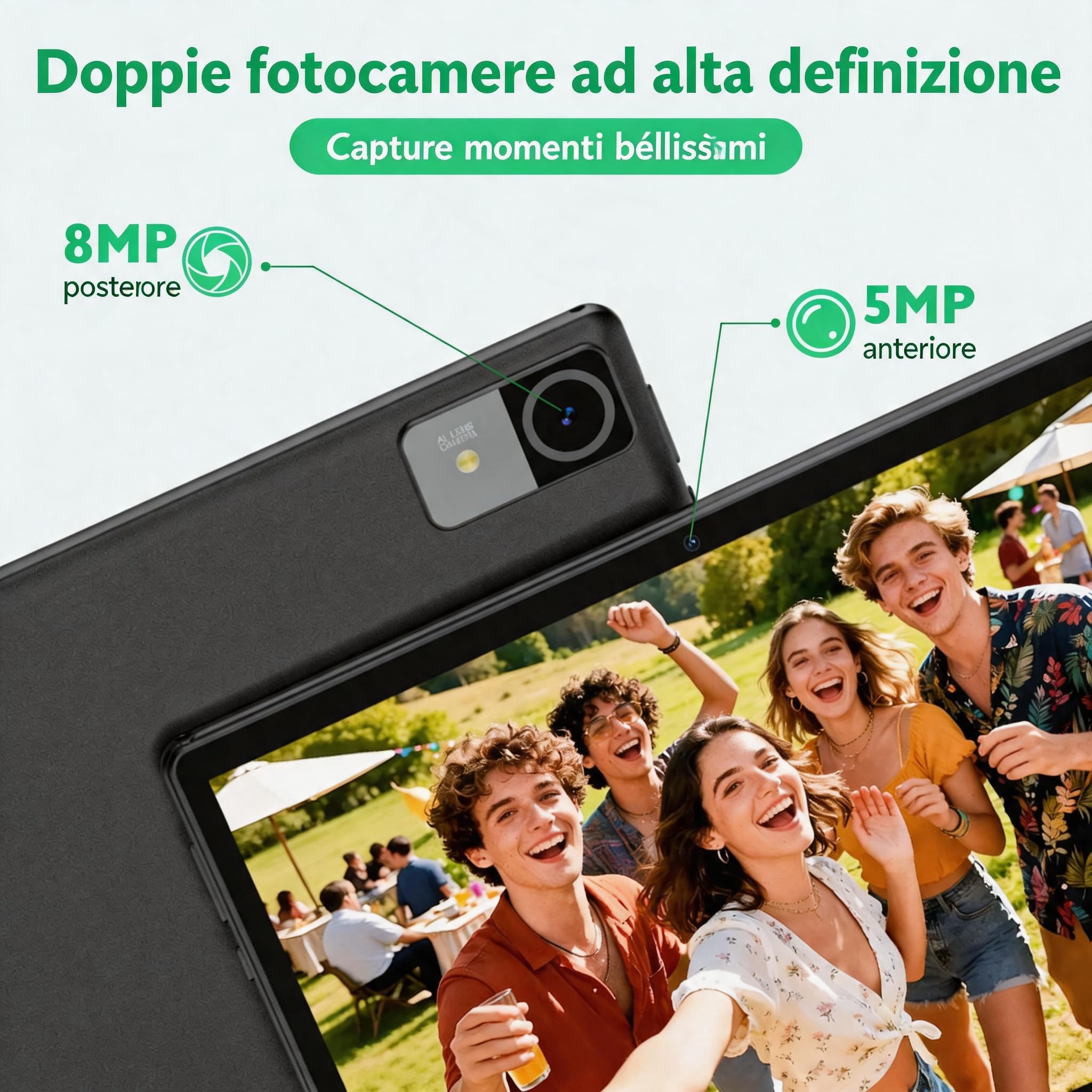 Tablet Android da 10", Android 15, 18 GB di RAM + 128 GB di memoria (fino a 1 TB espandibile), display IPS 1280 × 800, processore Octa-Core, batteria 6000 mAh