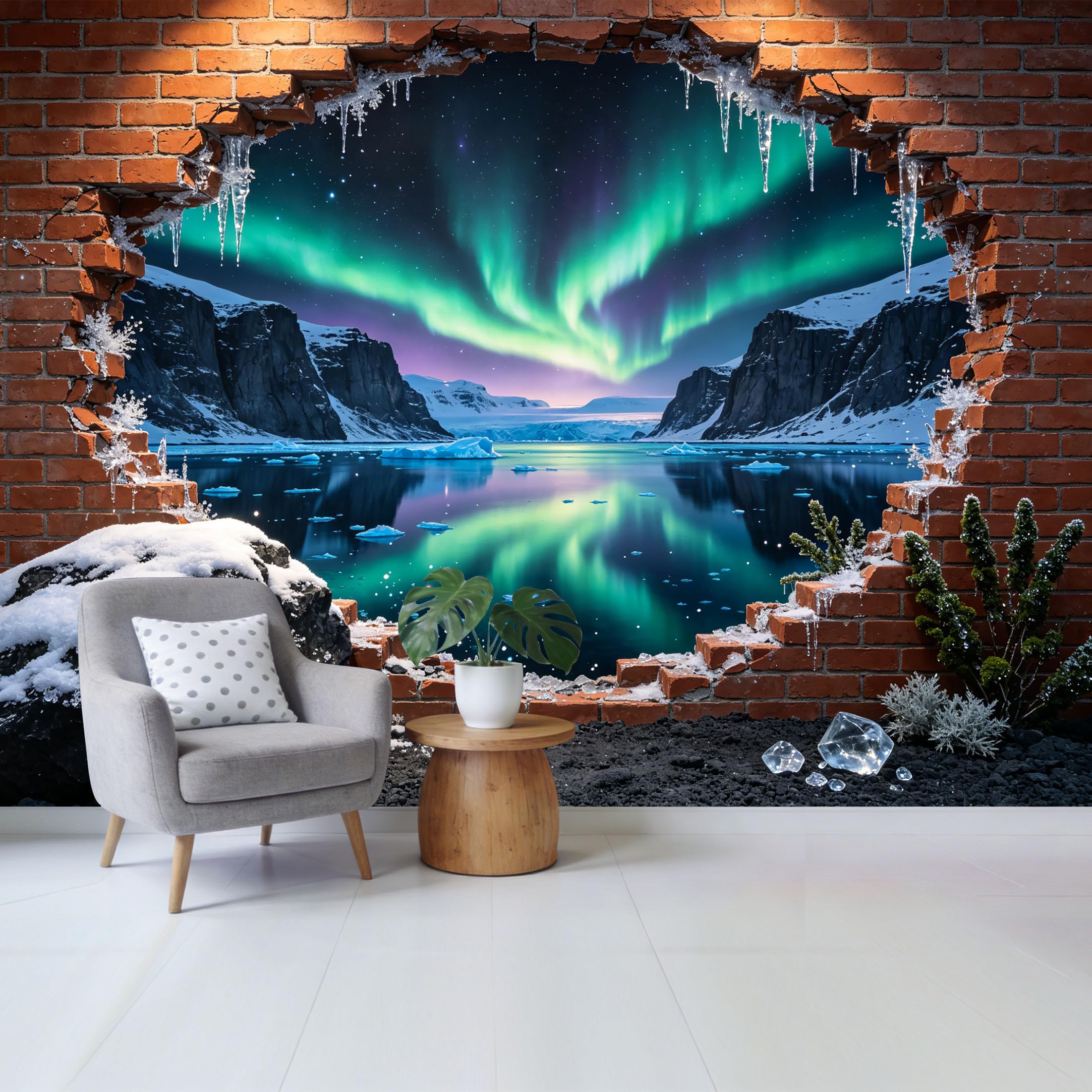 Custom Size Wall Mural Northern Lights Arctic Landscape 3D Trompe l’oeil Brick Wall View Removable Self Adhesive Fabric Home Wall Decor for Living Room Bedroom Bathroom