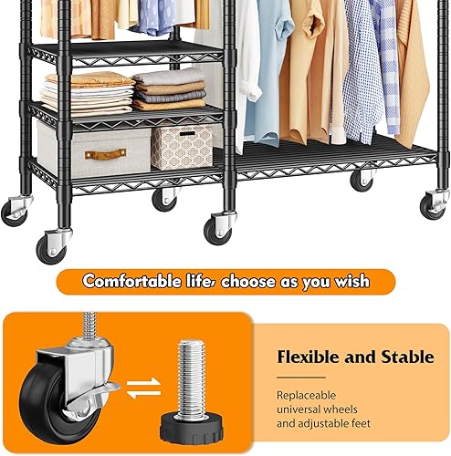 Miniatura 8 de Raybee Perchero de ropa resistente, percheros para colgar ropa, armario portátil con ruedas y estantes ajustables de 4 niveles, estante de ropa con