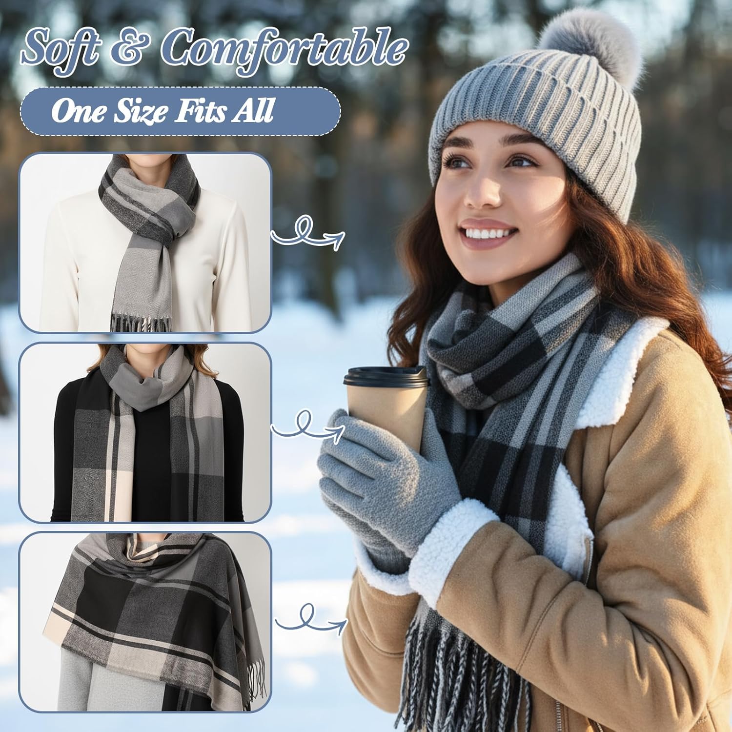 3 pcs Hat Scarf Gloves Set for Women Winter Hat Long Plaid Scarf Touchscreen Gloves Combination Warm Sets for Gift - Image 4