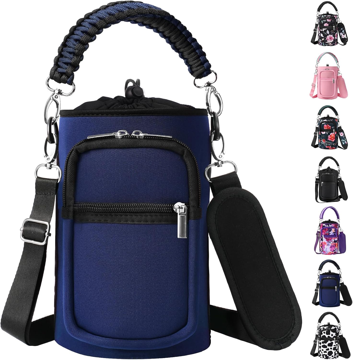 32/40/64/128 oz Neoprene Insulated Water Bottle Carrier Bag, Sling Bag Sleeve Pouch Holder with Strap & Paracord Handle and 2 Pocket for Travelling, Hiking, Camping