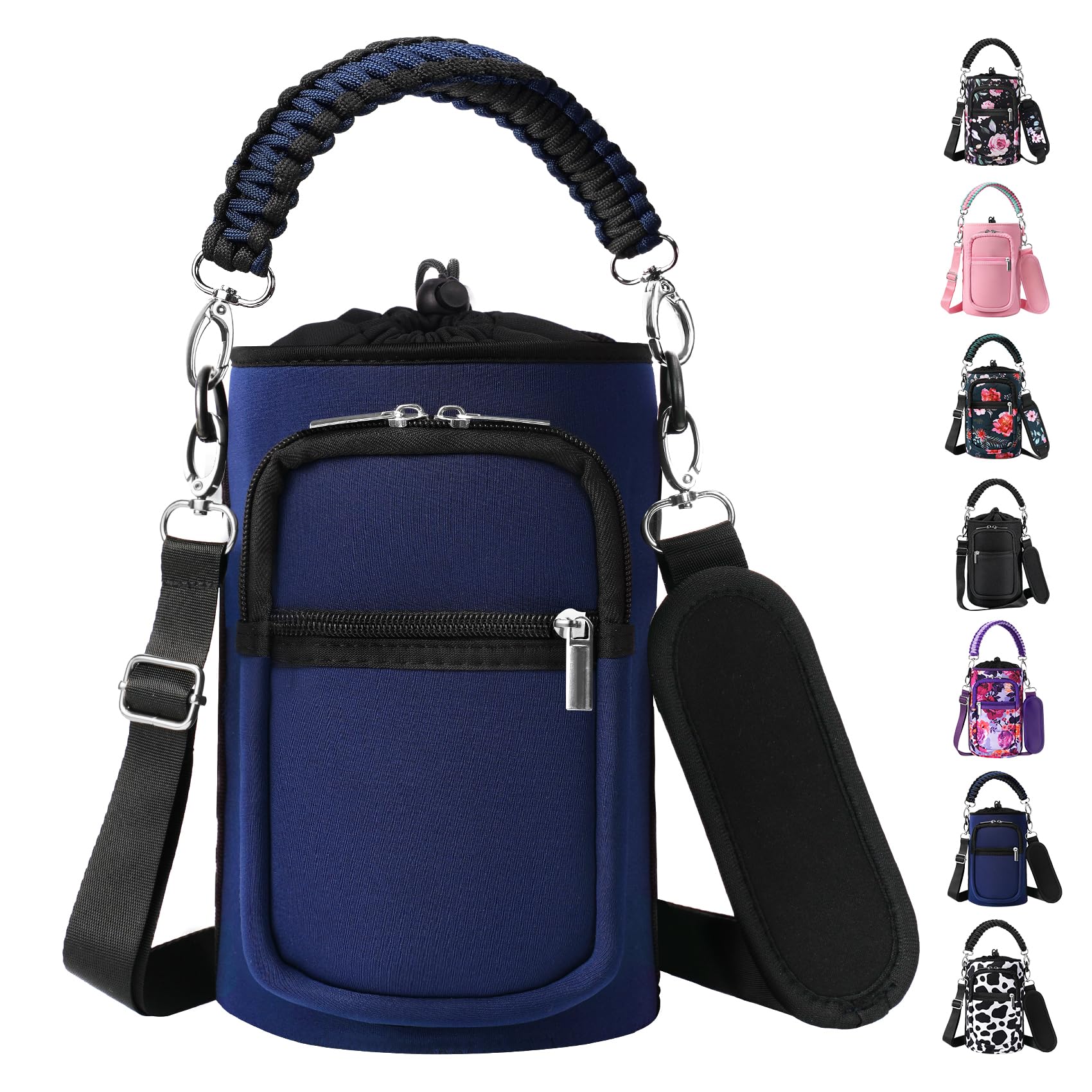 AceTreker 32/40/64/128 oz Neoprene Insulated Water Bottle Carrier Bag, Sling Bag Sleeve Pouch Holder with Strap & Paracord Handle and 2 Pocket for