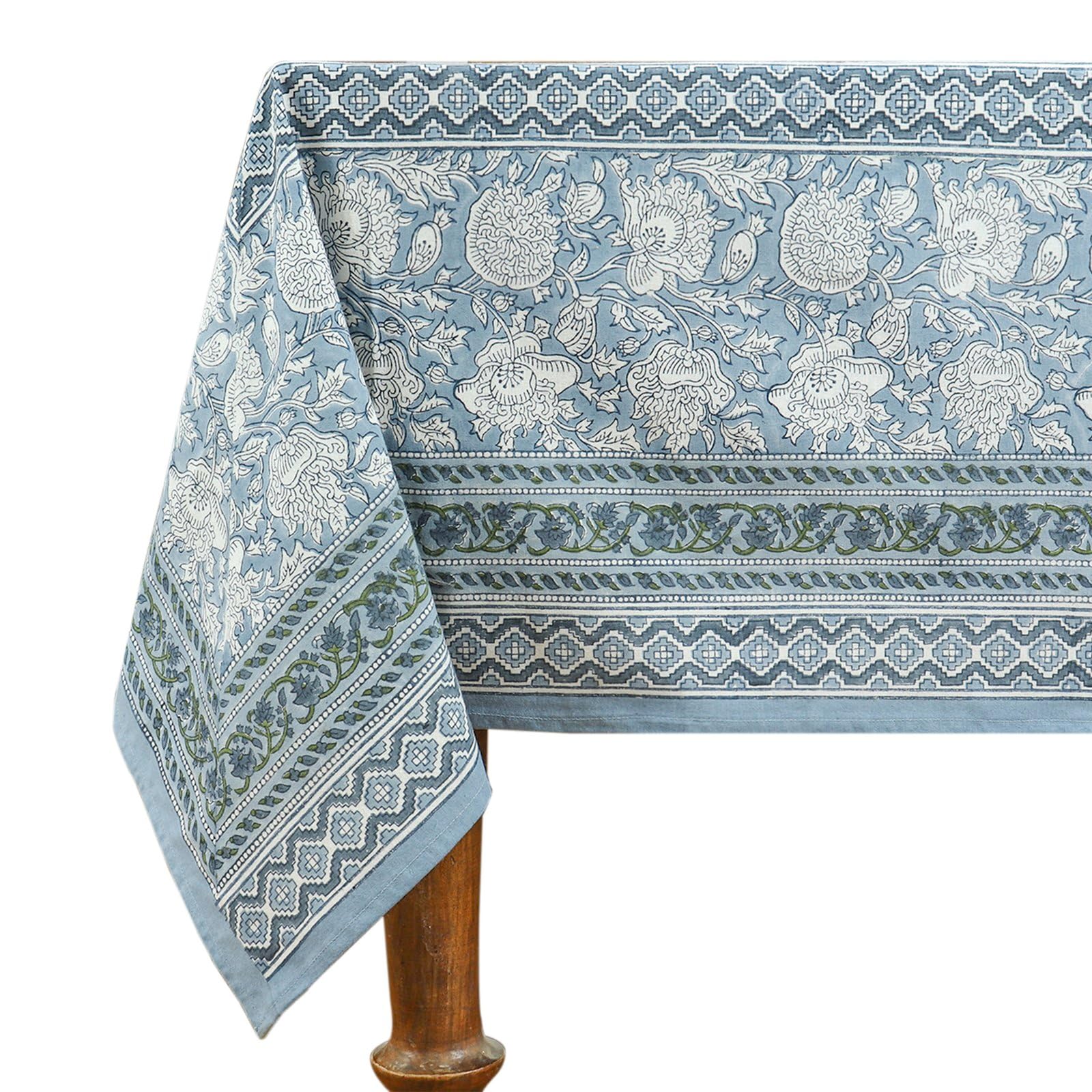 72x190 Inches Rectangle Hand Block Printed Cotton Tablecloth, White Grey Floral Table Cloths Washable, Indian Table Linen For Dinning Home Decor Spring Autumn Outdoor Thanksgiving — image 1