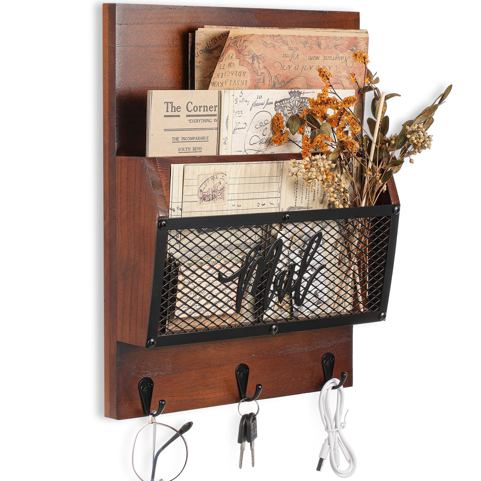 Farmhouse Mail Organizer Wall Mounted Rustic Mail Holder Hanging Key Sorter with 3 Hooks Indoor Wooden Wall Mounted, Letter, Magazines, Newspapers, Keys(Dark Brown)