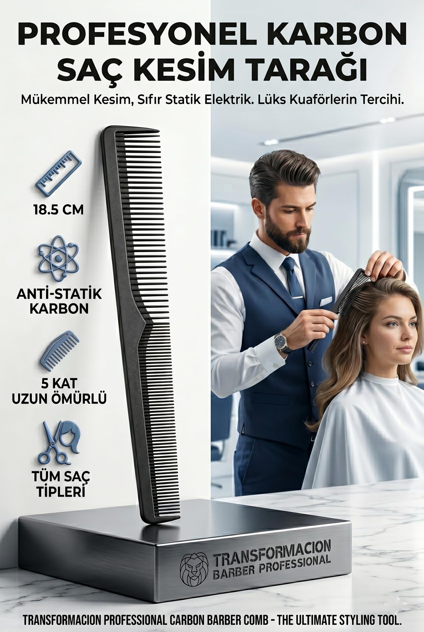 Transformacion Profesyonel Karbon Tarak, Anti-Statik Isıya Dayanıklı Berber Kuaför Saç Kesim Tarağı 720592