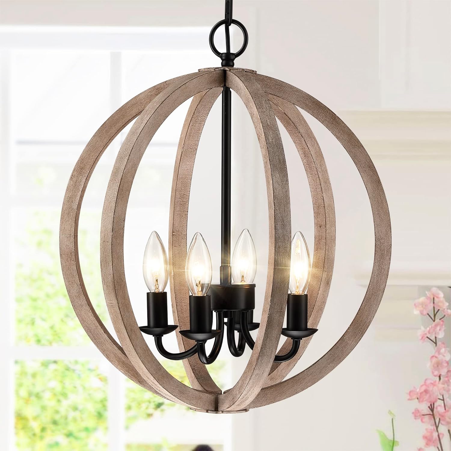 Untrammelife Farmhouse Chandelier, 16" 4Light Wood Chandelier Rustic