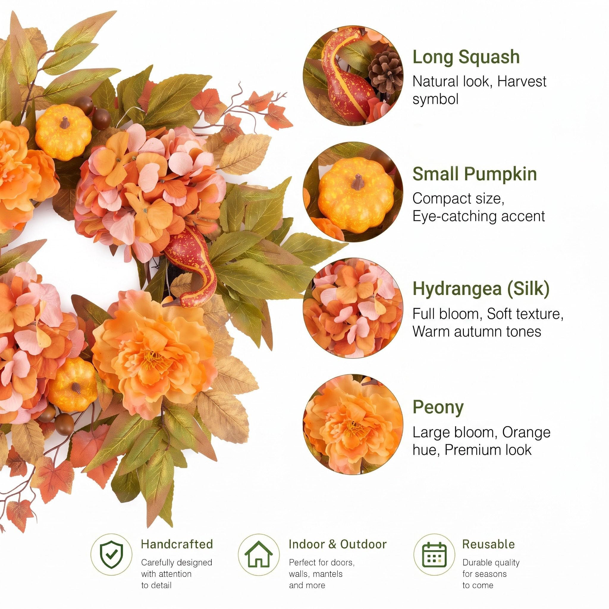 DecorbyHannah Couronne d'automne pour porte d'entrée avec lumières et hortensia pivoine 45,7 cm