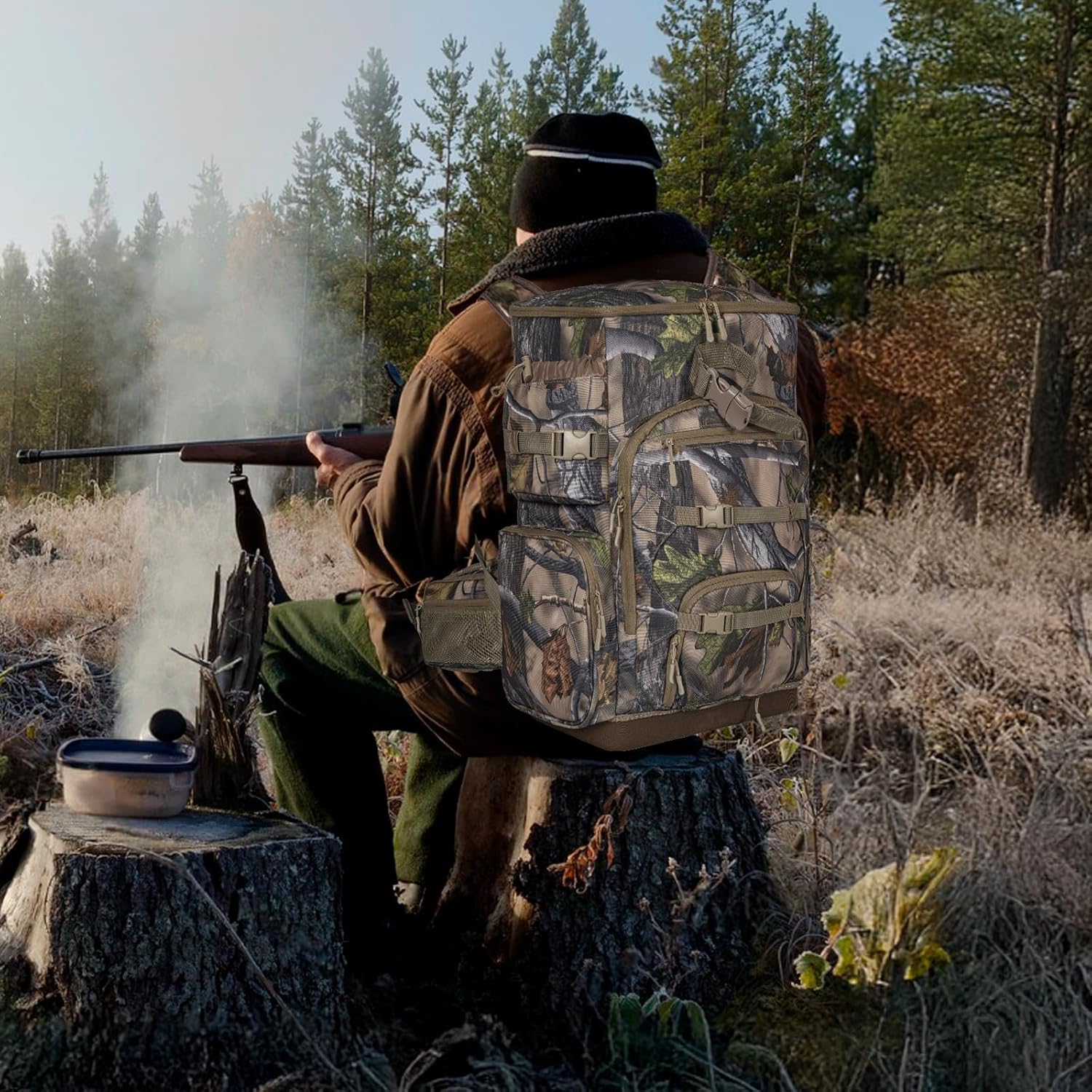 Hunting Backpack with Waterproof Rain Cover, Self Standing Hard Bottom, 50L Camo Hunting Day Pack for Bow Rifle Gun - Image 8