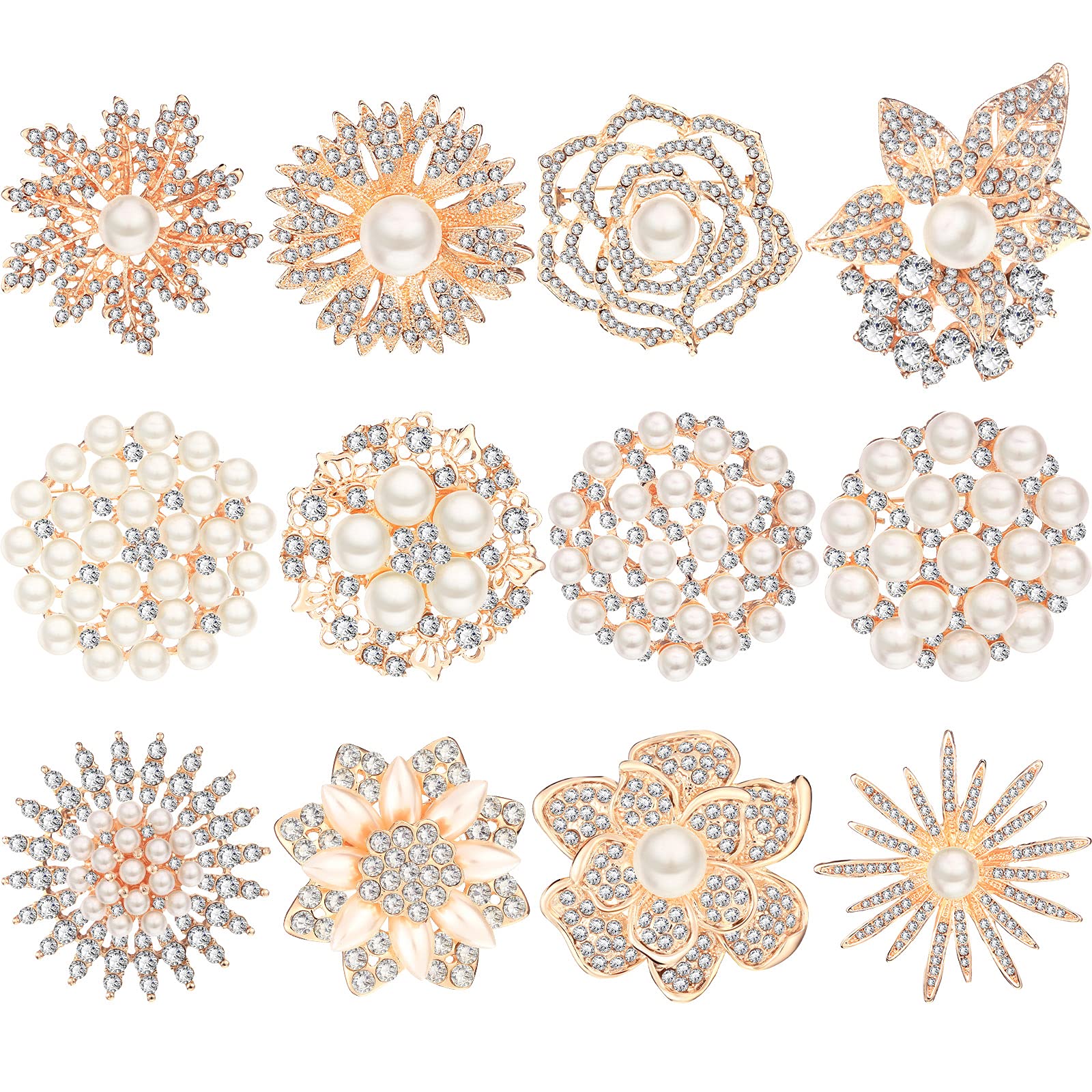 12 Pieces Rhinestone Crystal Brooches Flowers Bow Brooches Rose Gold Tone Pearl Badge Pins Brooch (Adorable Style)