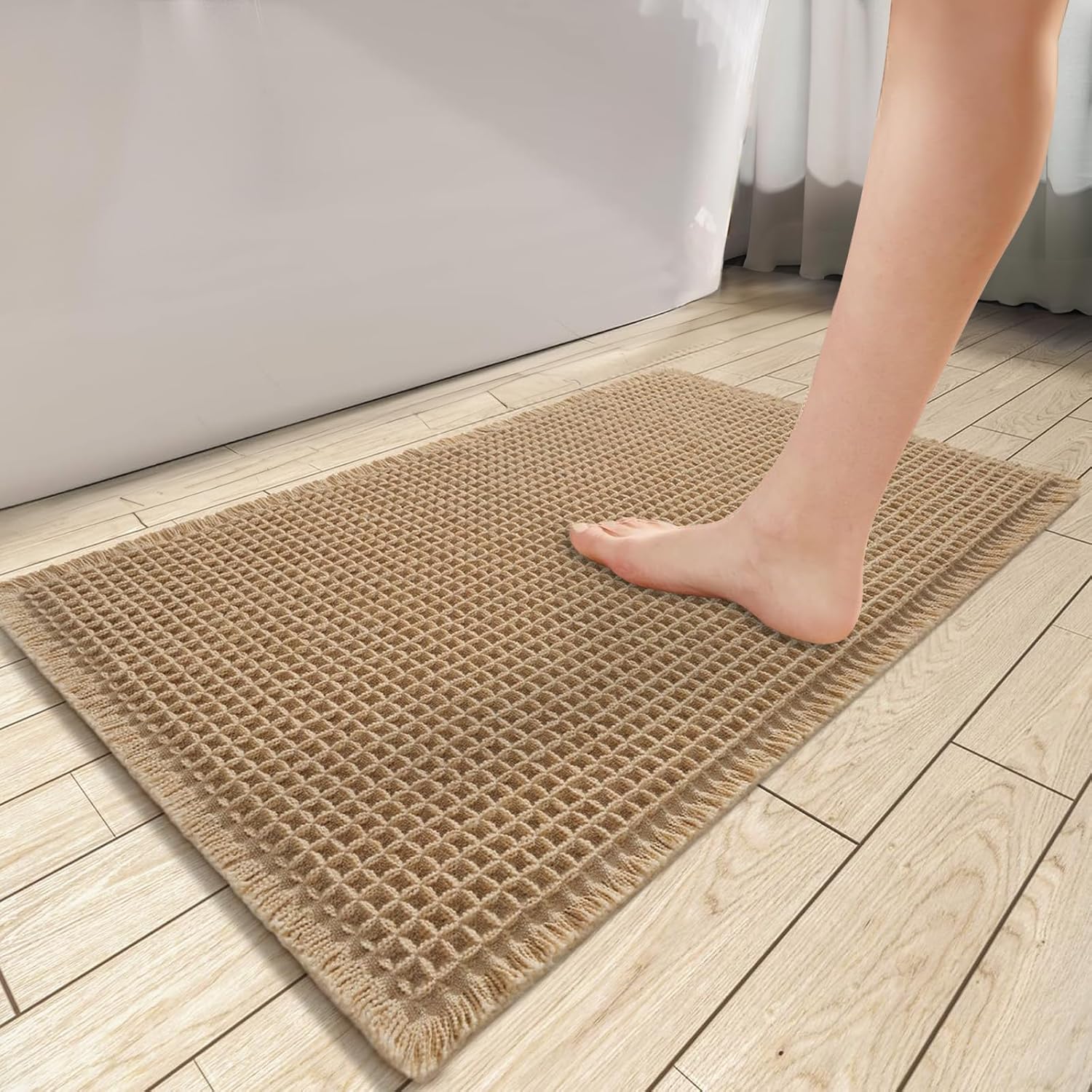 Upgraded Waffle Bathroom Rugs Extra Soft Bath Mat Super Absorbent Quick Dry Non Slip Bathroom Floor Mats, Machine Washable Bath Mats for Bathroom Floor, Tub and Shower, Brown Brown (Rectangular)