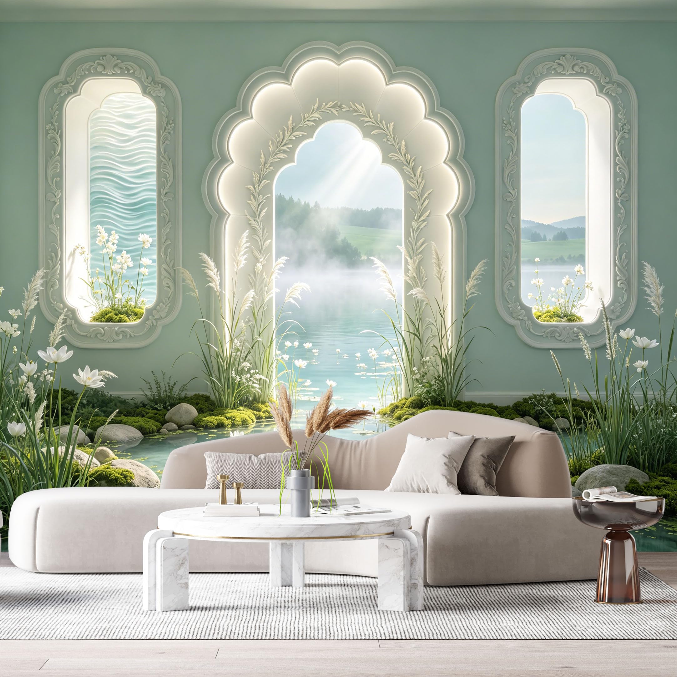 Custom Size Wall Murals Serene Indoor Garden Misty Landscape Watercolor 3D Trompe L'Oeil SelfAdhesiveWall Fabric Removable Wallpaper Wall Decor for Living Room Bedroom Bathroom