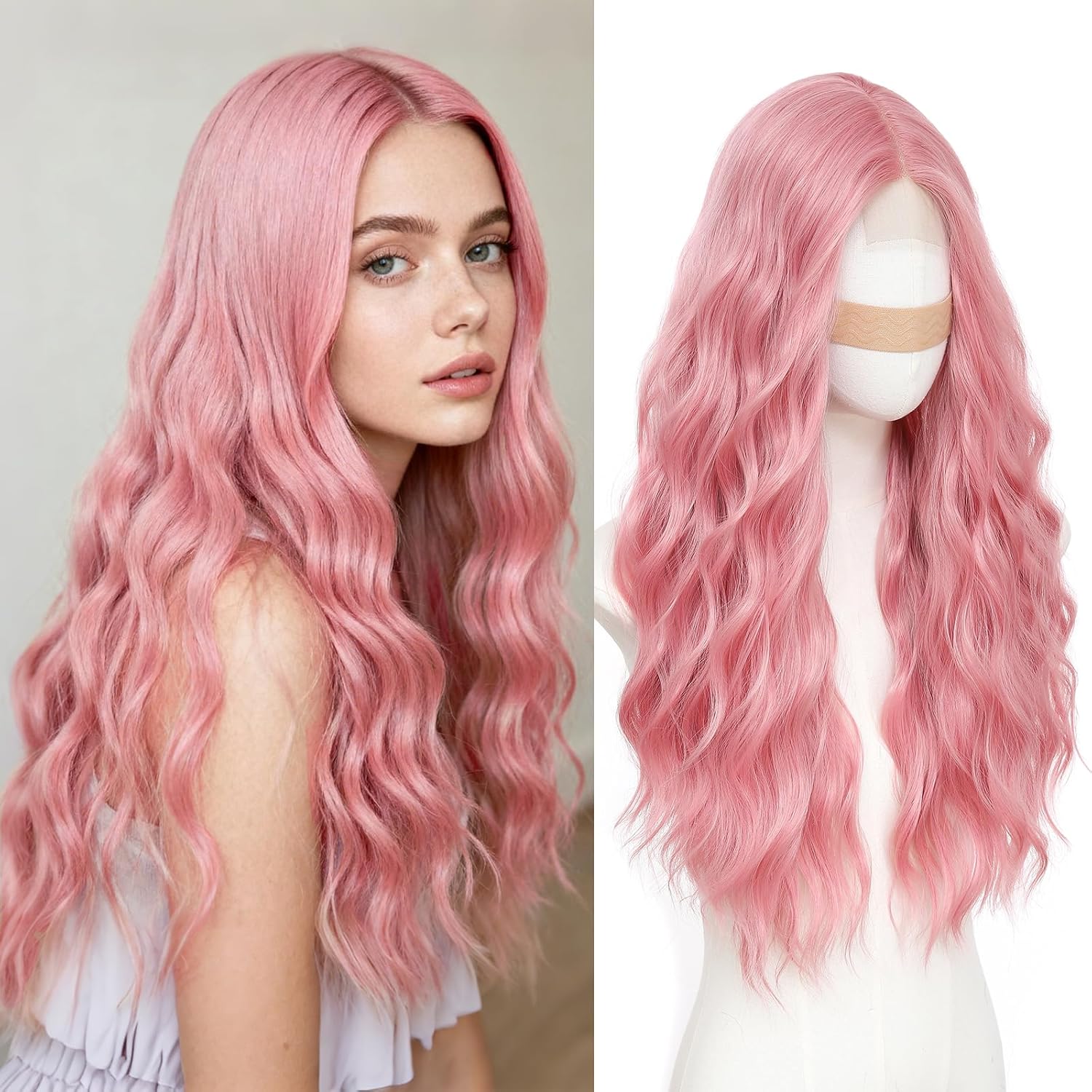Beelu Pink Wigs for Women 26 Inch Long Wavy Wig Middle Part Lace Hairline Synthetic Heat Resistant Wig for Daily Party Cosplay Use