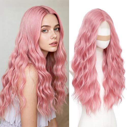 Beelu Pink Wigs for Women 26 Inch Long Wavy Wig Middle Part Lace Hairline Synthetic Heat Resistant Wig for Daily Party Cosplay Use - Pink