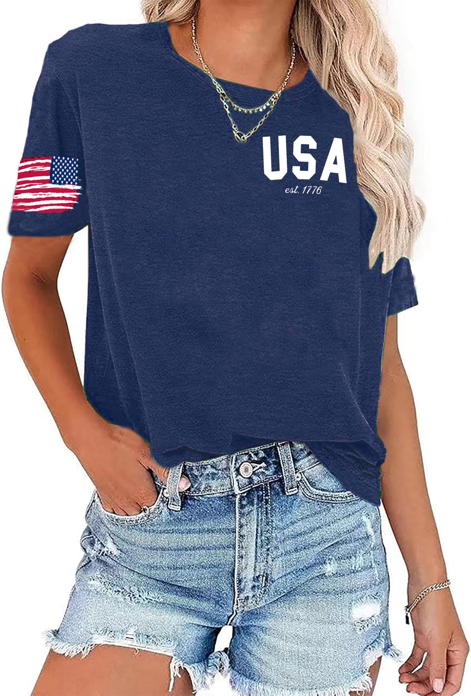 American Flag Patriotic T-Shirt for Women 4th of July Shirts Graphic Tees USA Flag Short Sleeve Shirt Tops