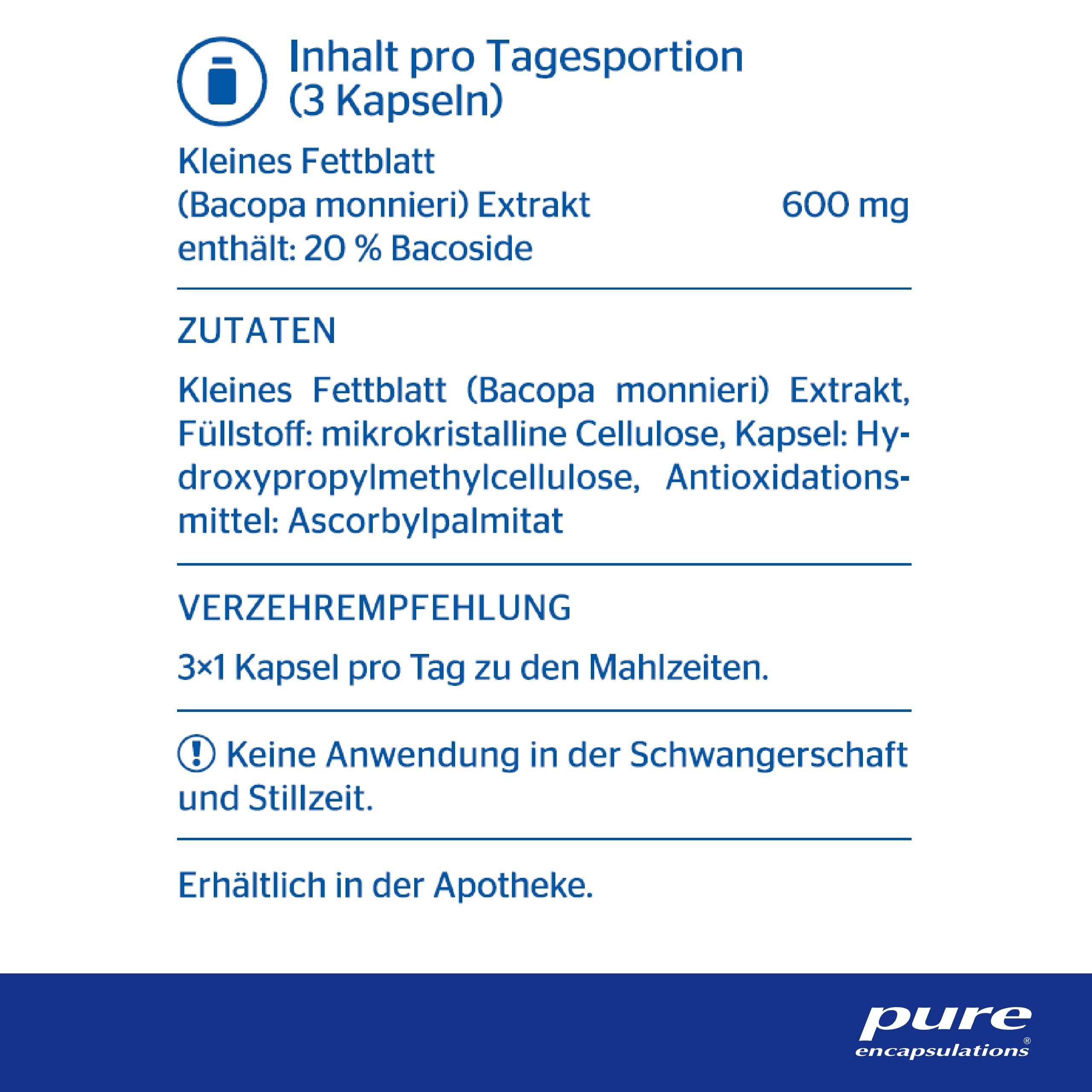 Pure Encapsulations - Bacopa Monnieri Kapseln – Pflanzen-Extrakt, Standardisiert auf 20% Bacoside – 60 Kapseln
