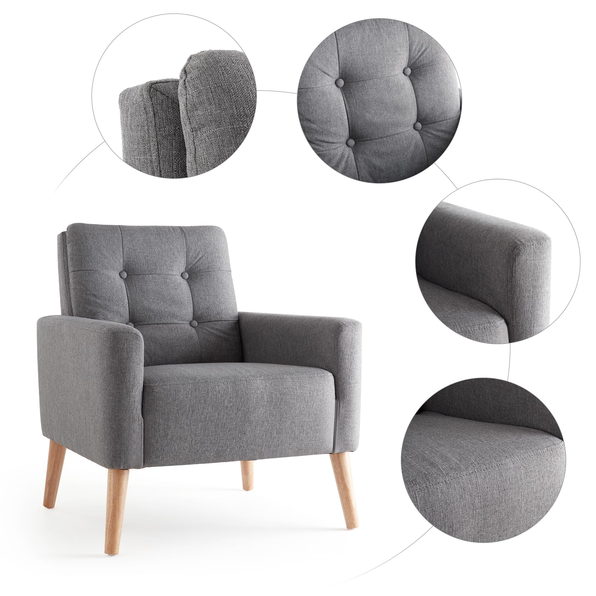 Mondeer Poltrona con braccioli, gambe in legno massiccio, moderna, semplice per camera da letto, soggiorno, balcone, ufficio, dimensioni: 72 x 72 x 81 cm, grigio