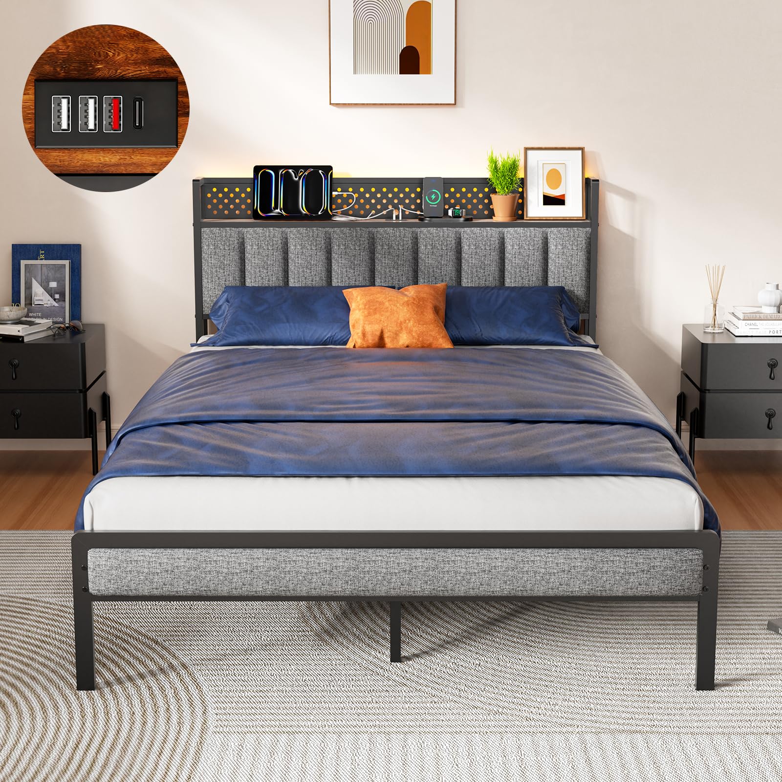 KUTAS Bed Frame, 135x190 cm, with LED Lights and Charging Station, Metal Bed Frame with Soft and Storage Headboard, 14 Metal Slats, No Box Spring Required, Under-Bed Storage Space, Gray