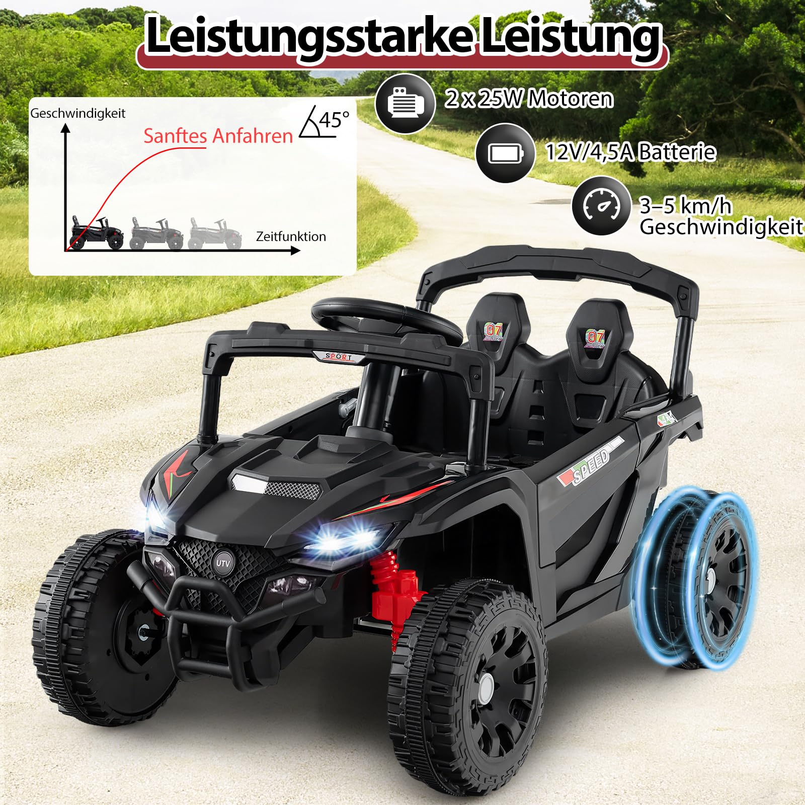 COSTWAY 12V Elektroauto Kinder, Elektrischer UTV-Truck mit Fernbedienung, 3 Geschwindigkeiten, LED-Lichter, Musik, Hupe & Federung, Kinderauto Kinderfahrzeug für Jungen & Mädchen ab 3 Jahren (Schwarz)