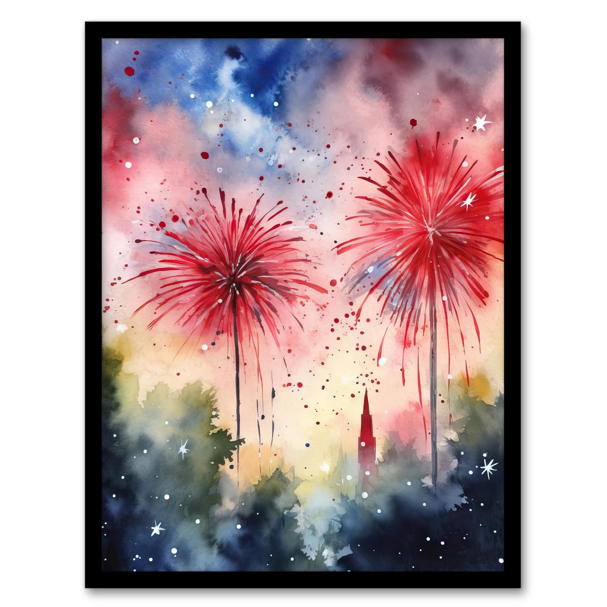 Artery8 4th July Independence Day Fireworks USA Artwork Framed Wall Art Print A4