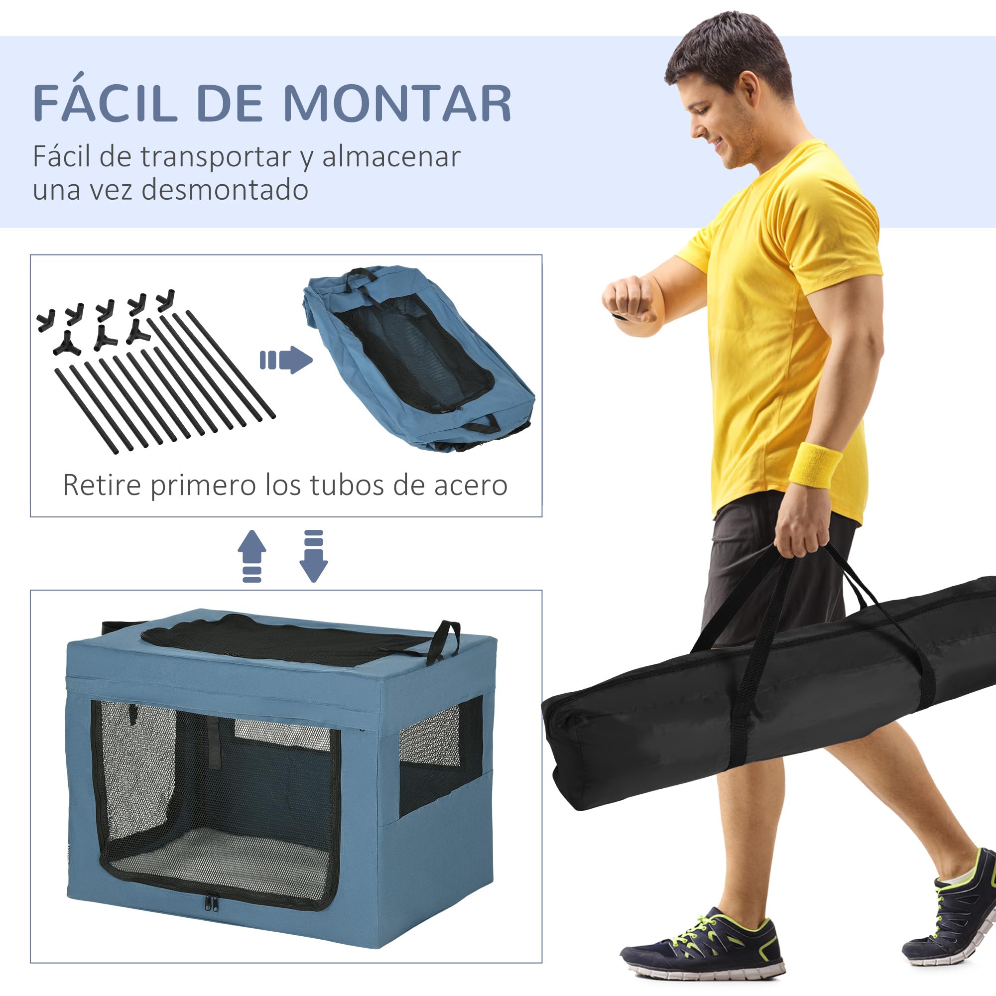 PawHut Transportín Mochila para Perros y Gatos Bolsa para Mascotas Transportador para Perros con 3 Puertas y Cojín Suave 69x51x51 cm Azul