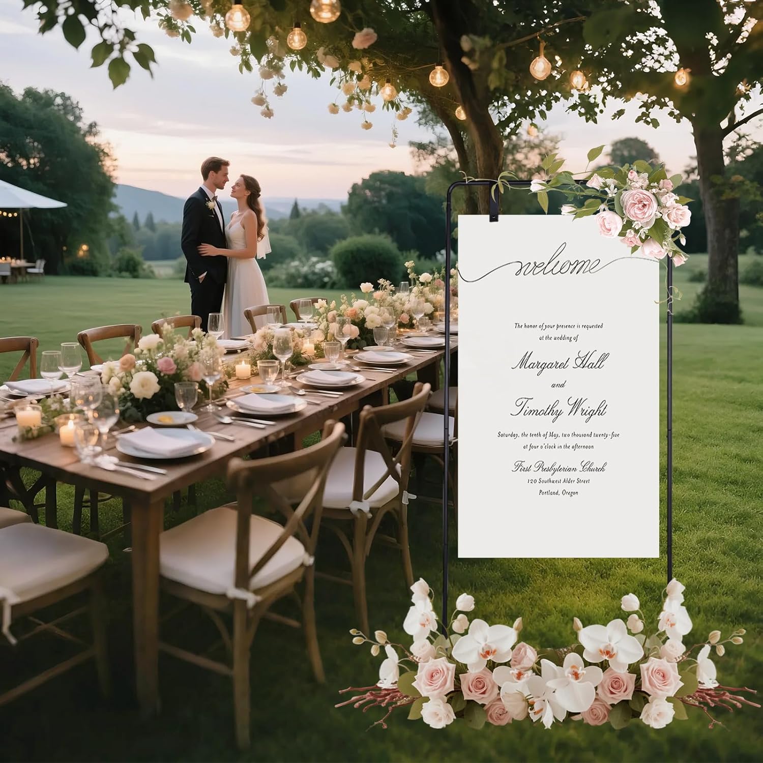 Wedding Welcome Sign Stand, 68” Adjustable Welcome to Our Wedding Sign Stand, Heavy Duty Black Easel Stand for Sign with Ground Stakes & Leather Hanging Strap for Seating Charts, Wedding Decor (Black)