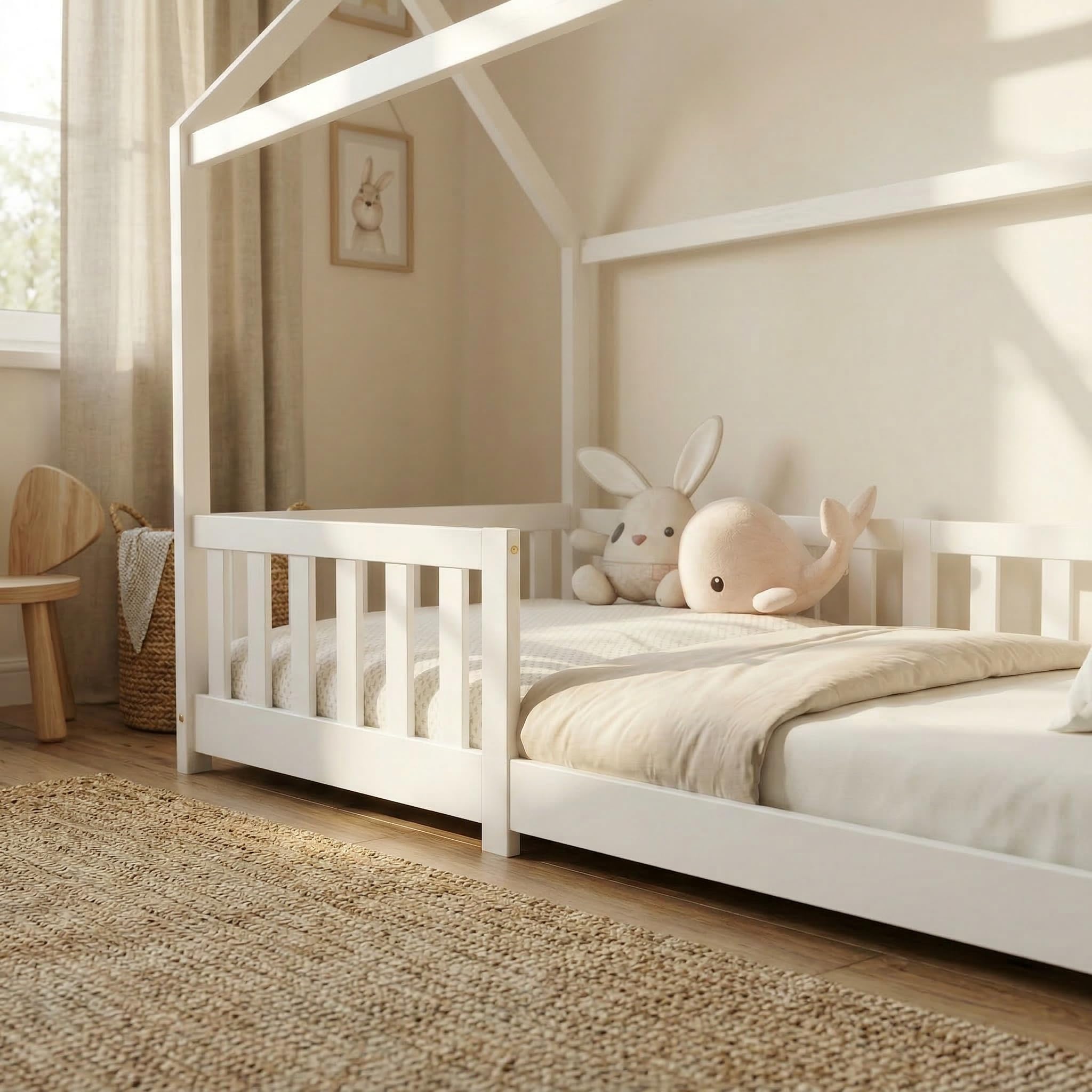 ecomi® Lettino per bambini 90x200 80x160 cm con protezione cadute e rete a doghe Bianco