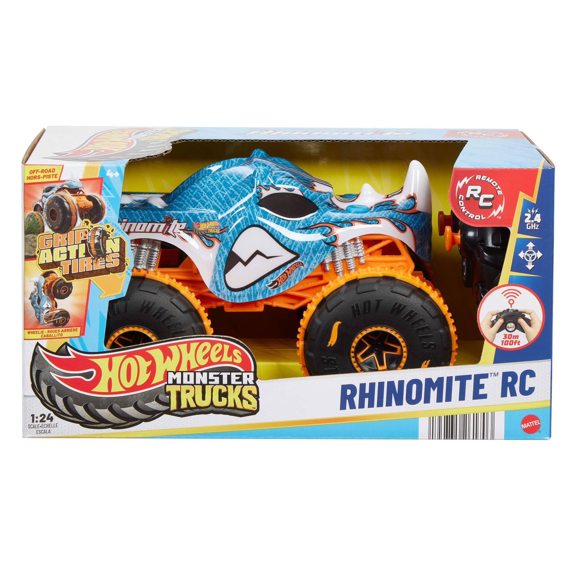 Hot Wheels Monster Trucks - Rhinomite R/C, camion radiocomandato in scala 1:24, con pneumatici Grip Action adatti a tutti i tipi di terreno e portata di 30 metri, 4+ anni, JBK11