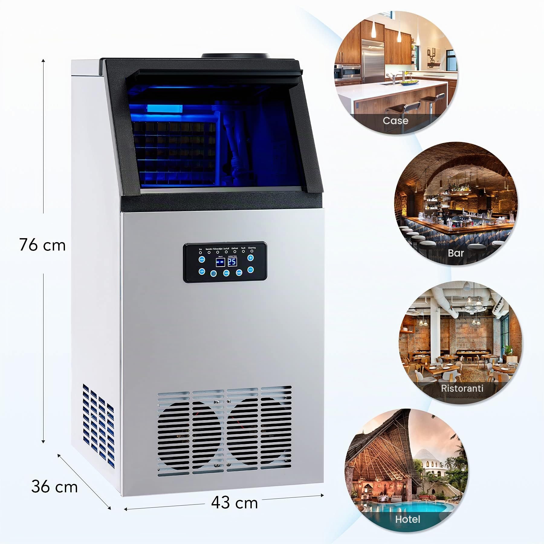 CREWORKS Macchina per Cubetti di Ghiaccio Commerciale 73kg/24h Fabbricatore Ghiaccio con Schermo LCD Macchina Ghiaccio in Acciaio Inossidabile per Casa, Ufficio, Ristorante, Bar, Caffetteria (45 PCS)