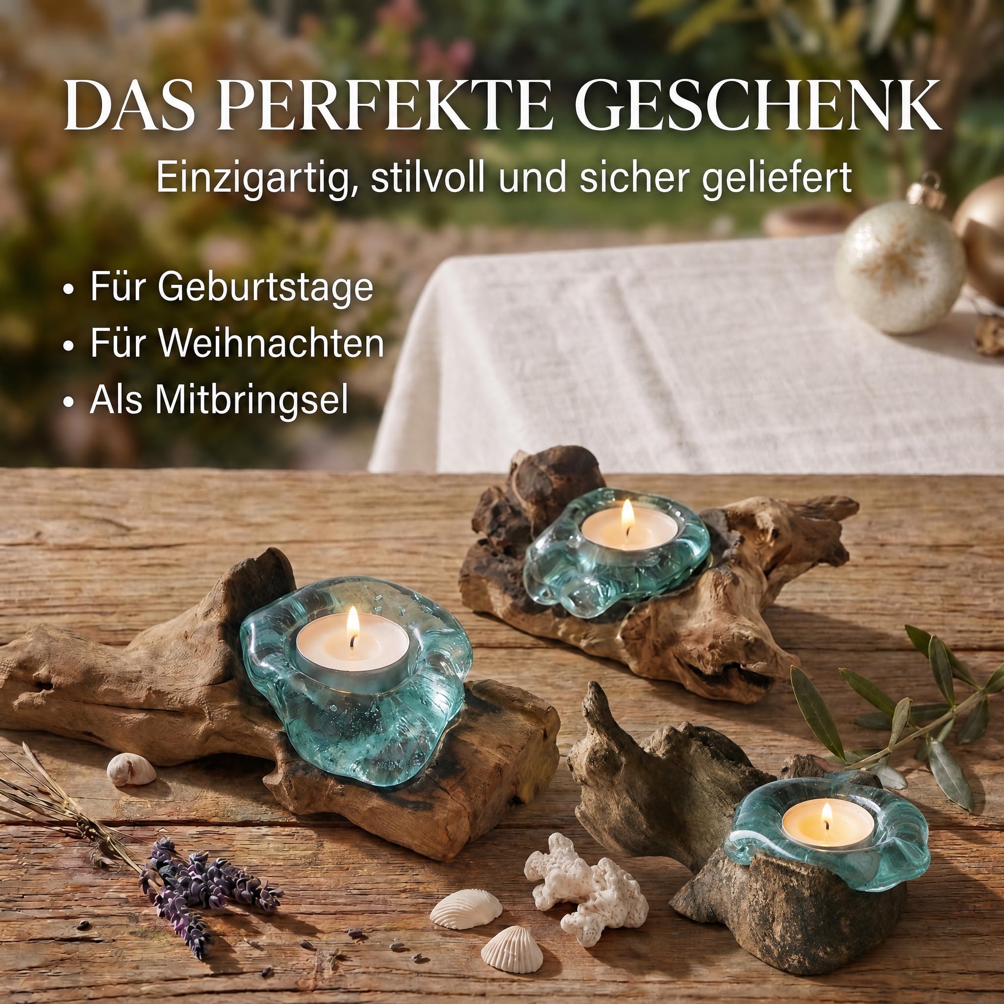 Handgefertigter Teelichthalter aus Glas auf Wurzelholz als Geschenk-Idee zur stilvollen Tisch-Deko Holz Teelicht 1