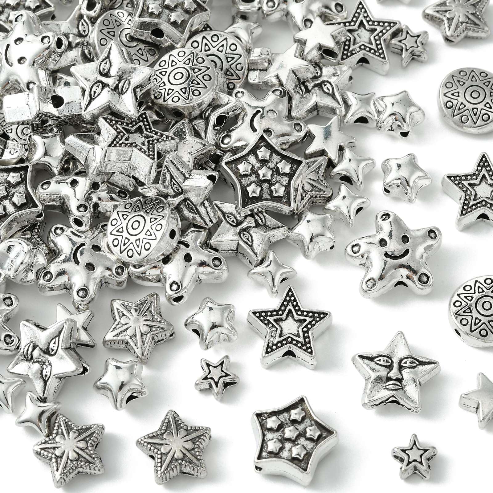 UR URLIFEHALL 100 Pcs 10 Styles Tibetan Silver Star Spacer Beads Retro Star Shaped Beads for Jewellery Making DIY Bracelets Necklaces Crafts