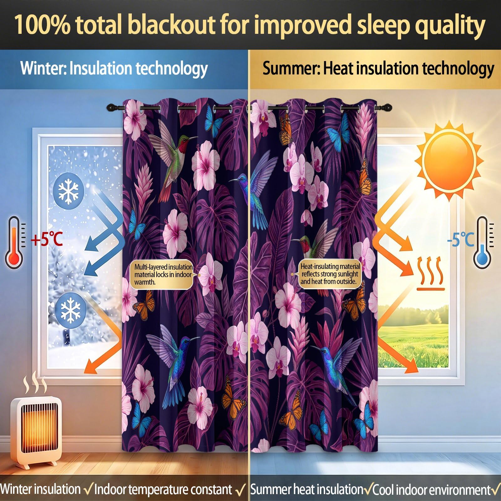 Blickdichte Vorhänge mit Ösen H 175 x B 140 cm (2er Pack) Tropisch Blumig Bedruckte Thermovorhänge Vorhänge - für Wohnzimmer Schlafzimmer, Voegel Schmetterlinge Orchideen Blaetter Verdunkelungsvorhang