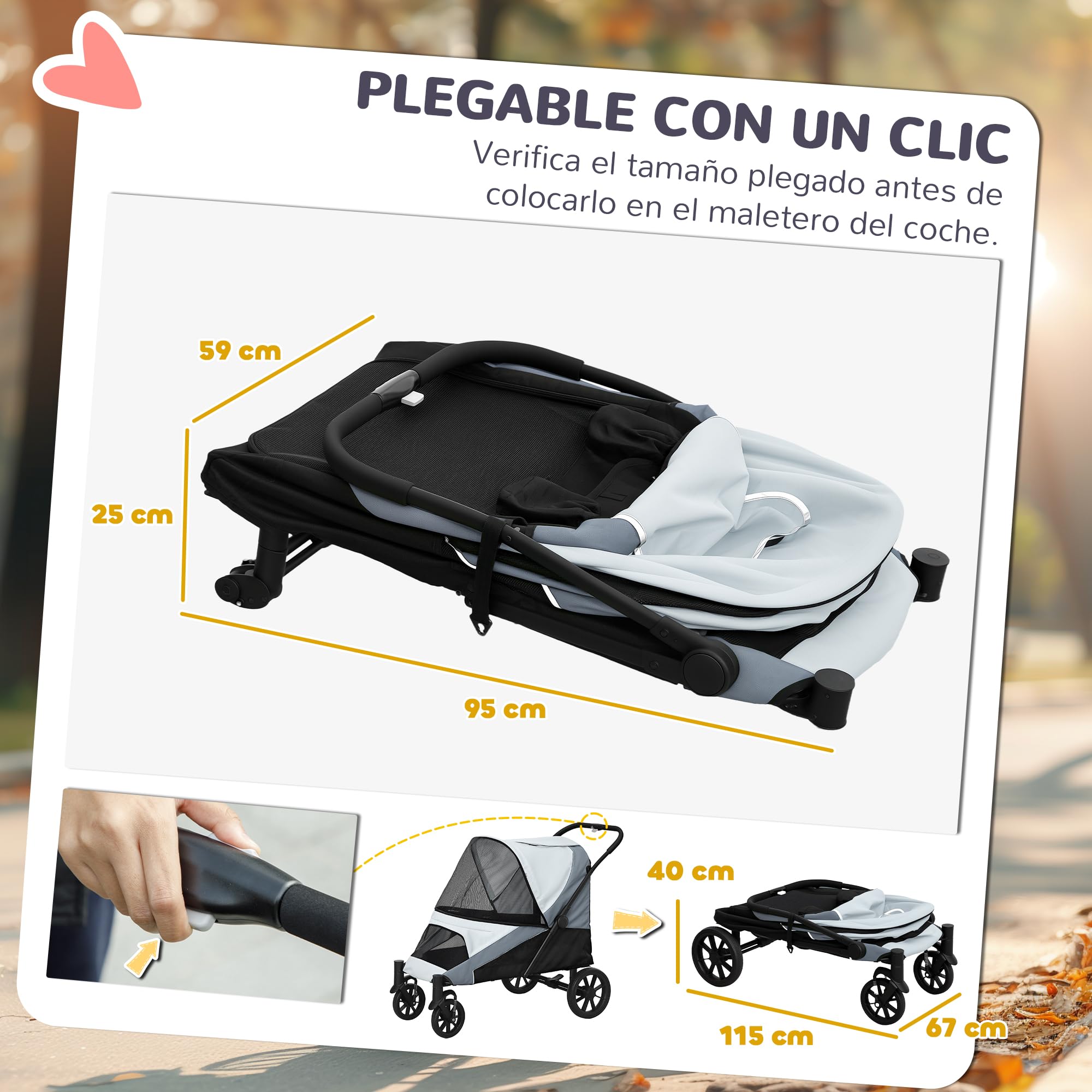 PawHut Carrito para Perros Plegable, Cochecito para Perros Grandes hasta 25 kg con Ruedas Grandes, Correas de Seguridad, Amortiguador, Cojín Lavable, Marco de Acero, Freno, 124x67x100 cm, Gris