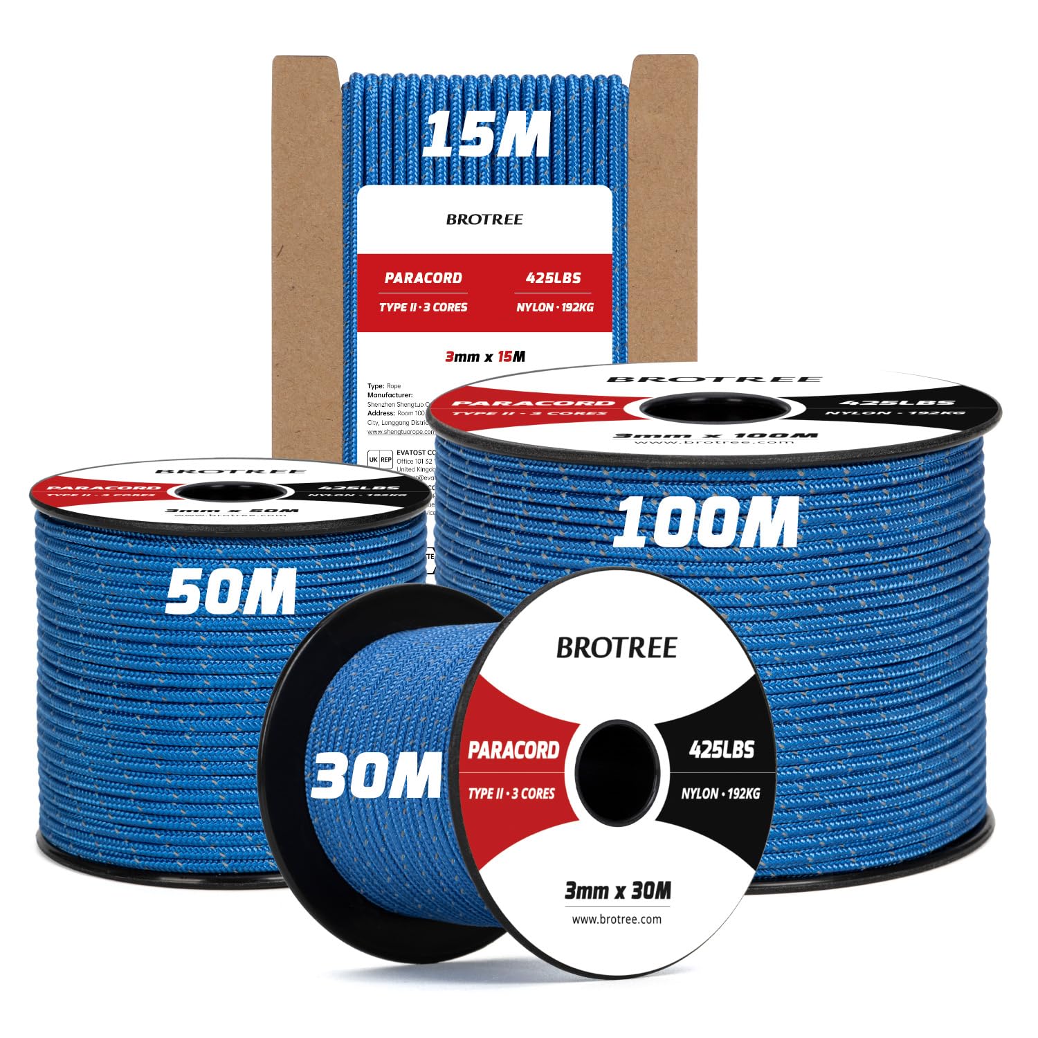 Brotree 3mm Paracord 425 100% Nylon 15M Rope 3 Strands Type II Parachute Cord for Outdoor, Craft, DIY - 192kg Breaking Load (Reflective Dark Blue)