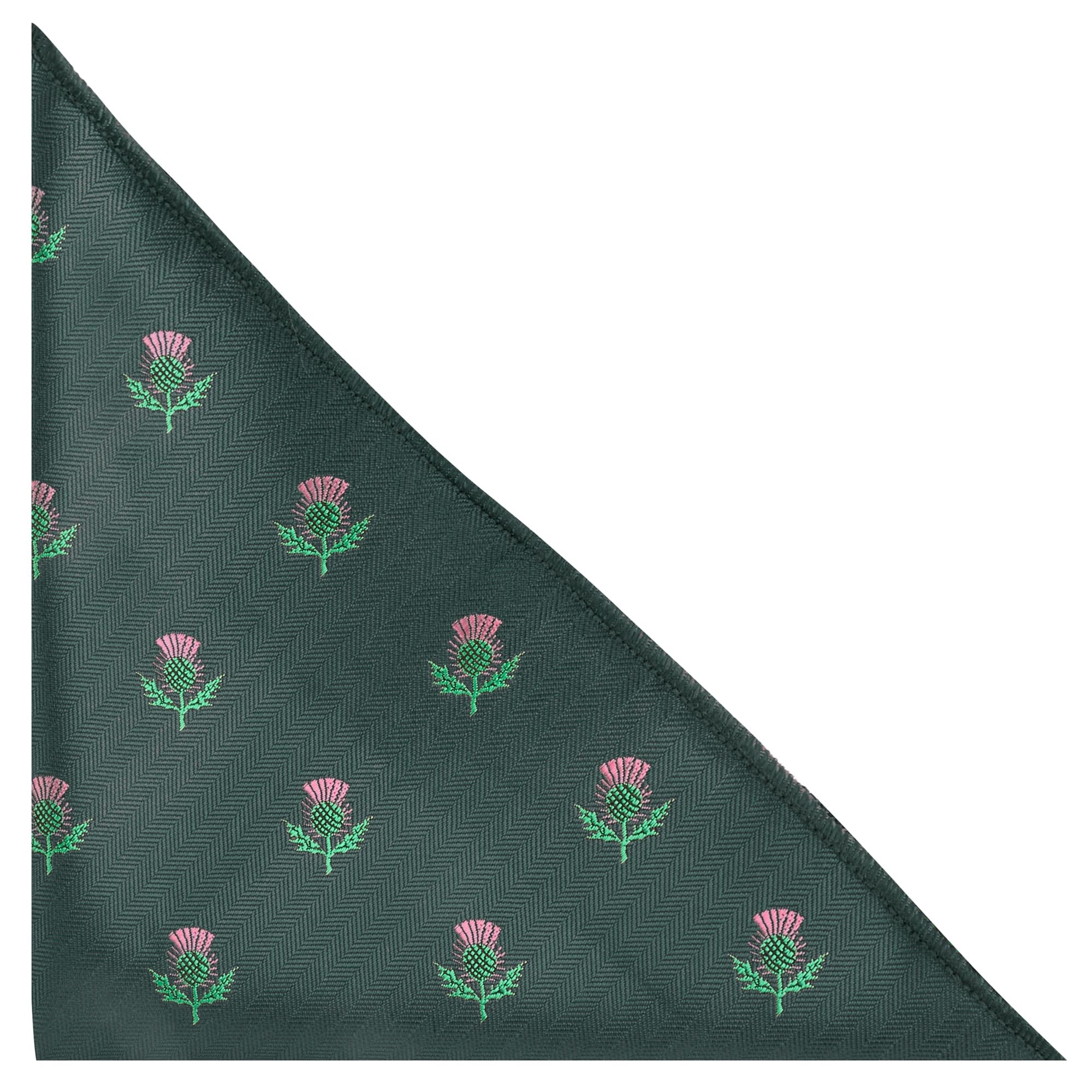 King & Priory Scottish Thistle Dark Green Herringbone Embroidered Pocket Square, Handkerchief