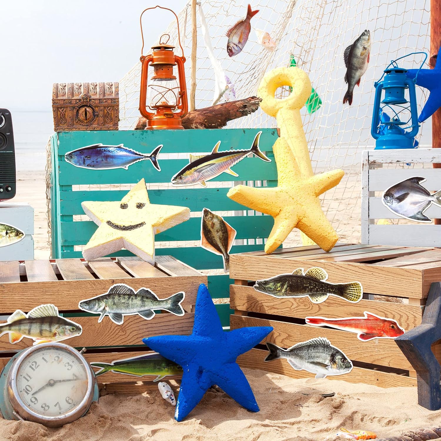 Glenmal 20 Pcs Fish Birthday Party Decorations Gone Fishing String Hanging Banner with 1 Fish Net for Birthday Engagement Retired Outdoor Game Tournament Barbecue Party Backdrop Decor