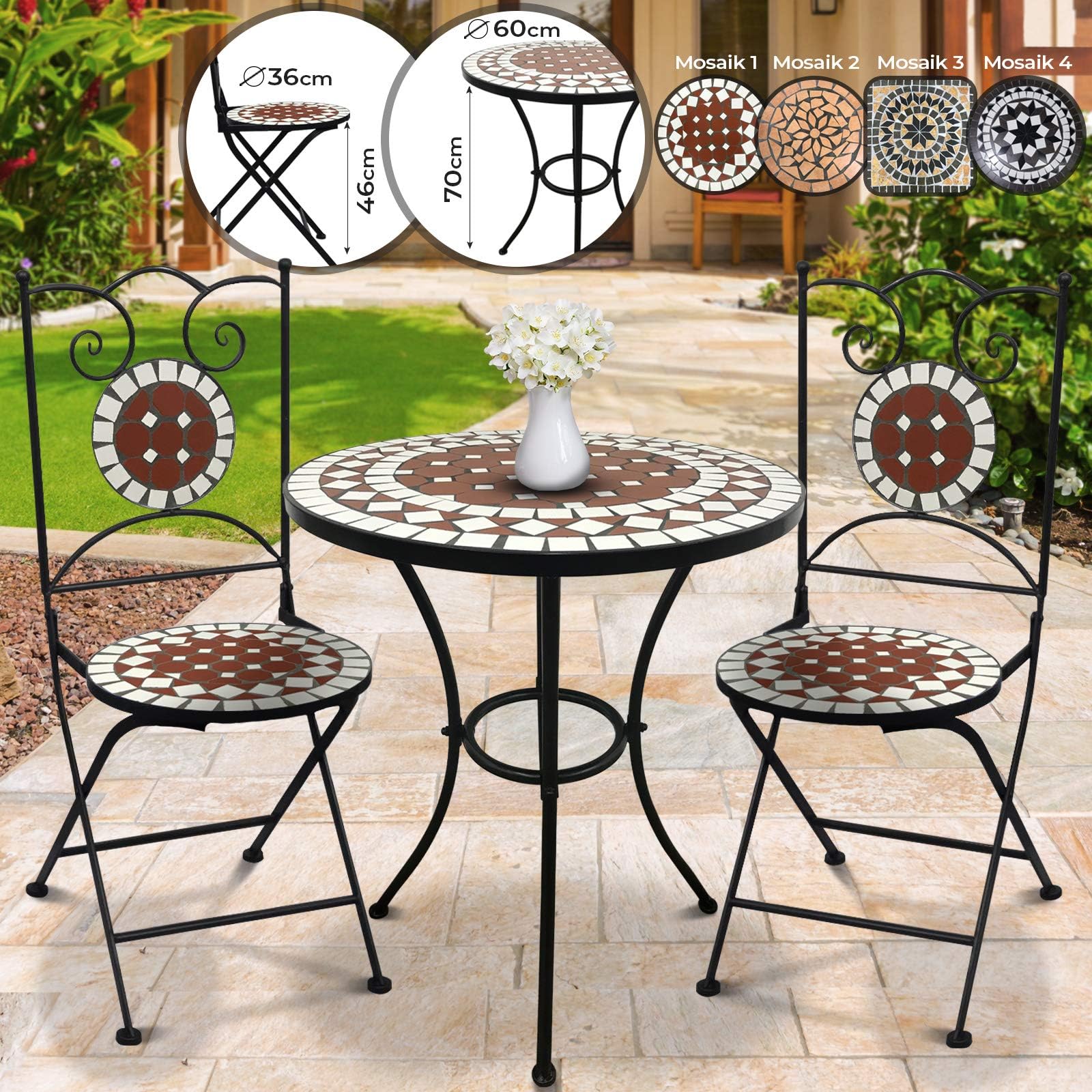Mosaic Garden Set - Round Table (Ø/H: 60x70cm) + Two Foldable Chairs (46cm Seat Height), in Red-White - Different Designs and Shapes - Patio, Balcony, Terrace Furniture
