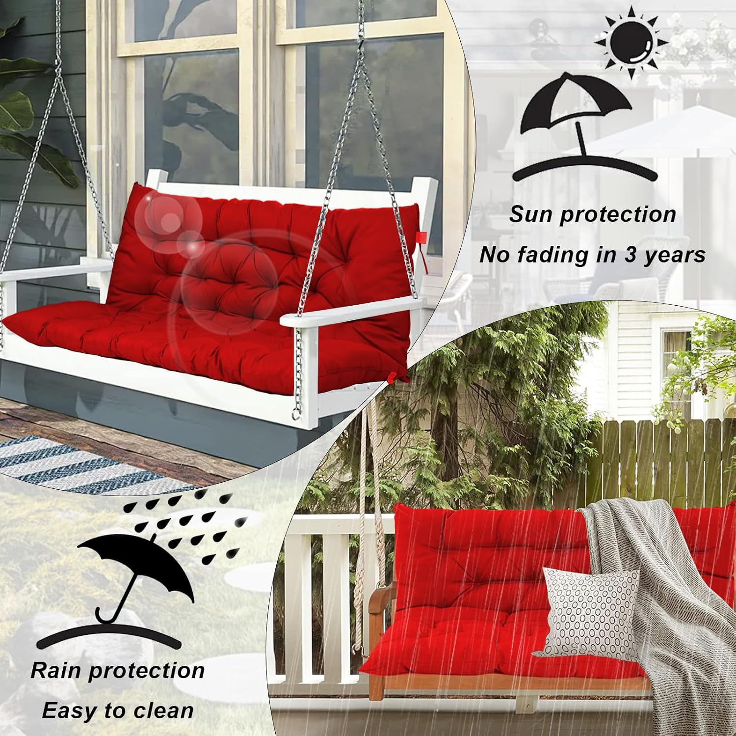 Outdoor Swing Cushions, 60inch Waterproof Three Seat Swing Replacement Cushions with Backrest and Ties, 4" Thicken Outdoor Porch Swing Cushions for Patio, Lawn and Garden (Red, 40×60in)