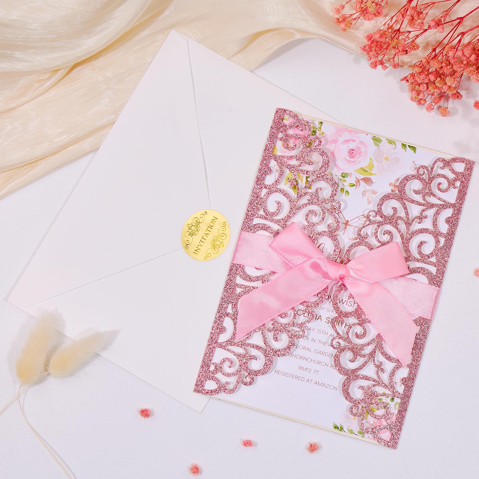 Amazon.com : Mabbcoo 50Pcs Pink Glitter Wedding Invitations With